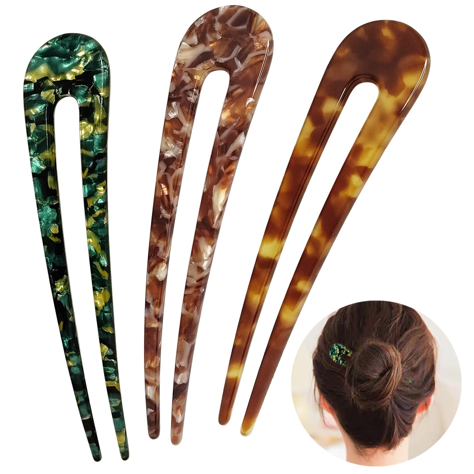 HYFEEL French Hair Pins U Shape Updo Hair Forks 2 Prong Bun Twist Chignon Stick Clips for Women Hair Accessories, 3 Pcs (Green,T