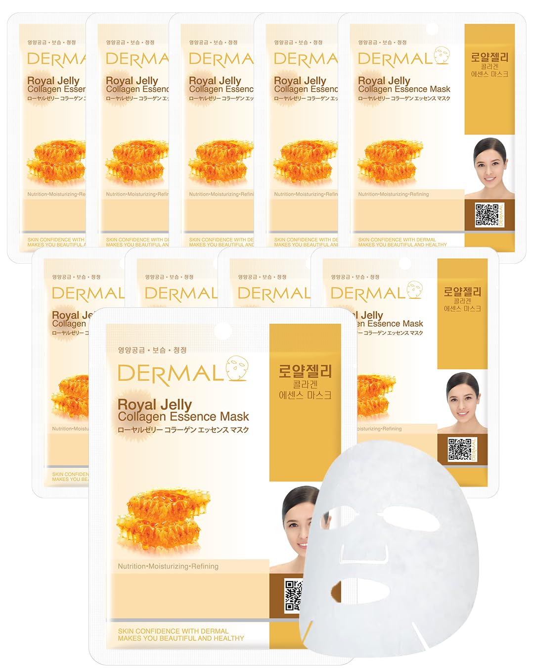 Dermal Royal Jelly Collagen Essence Korean Facial Mask Sheet Pack Of 10 - Intensive Moisture Therapy For Stress-Relief And Skin
