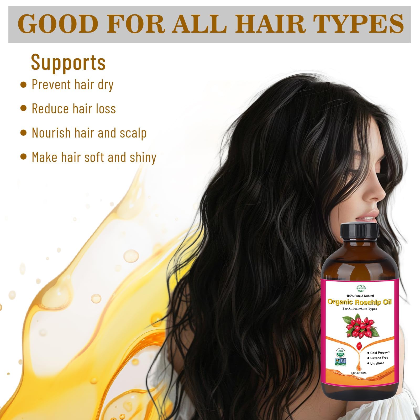 Mmpang Rosehip Seed Oil For Face, 100% Pure Natural Organic Rosehip Oil Cold Pressed Unrefined Facial Oil For Anti-Aging, Acne S