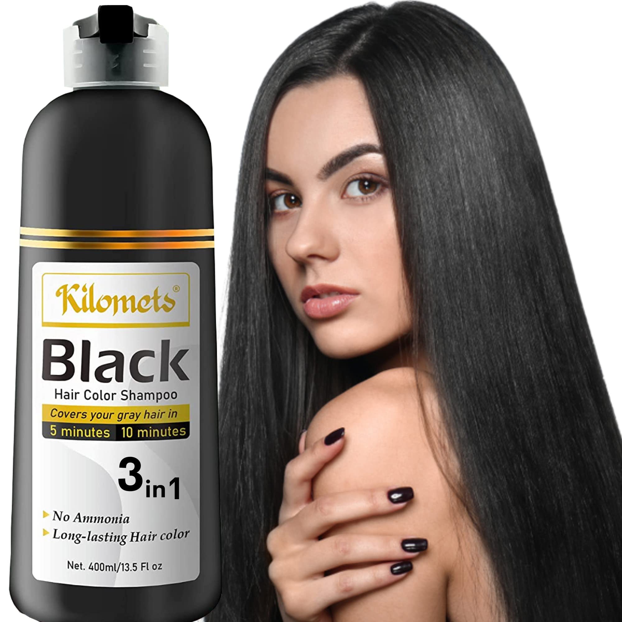 Kilomets BLACK Hair Dye Shampoo 400ml- 100% Grey Coverage in Minutes- Ammonia Free Hair Color Shampoo Cover Gray Silver Hair- In
