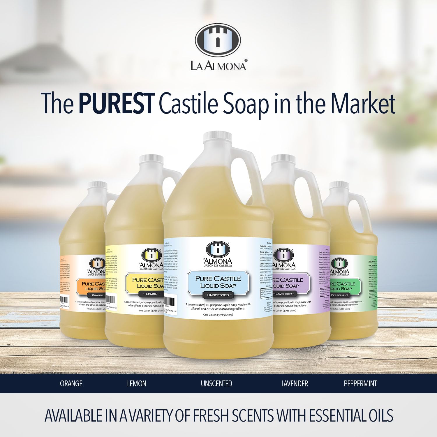 La Almona - Pure Castile Liquid Soap, Unscented, 1 Gallon - Multipurpose: Hands, Face, Body, Laundry, Dishes & More - For Sensit