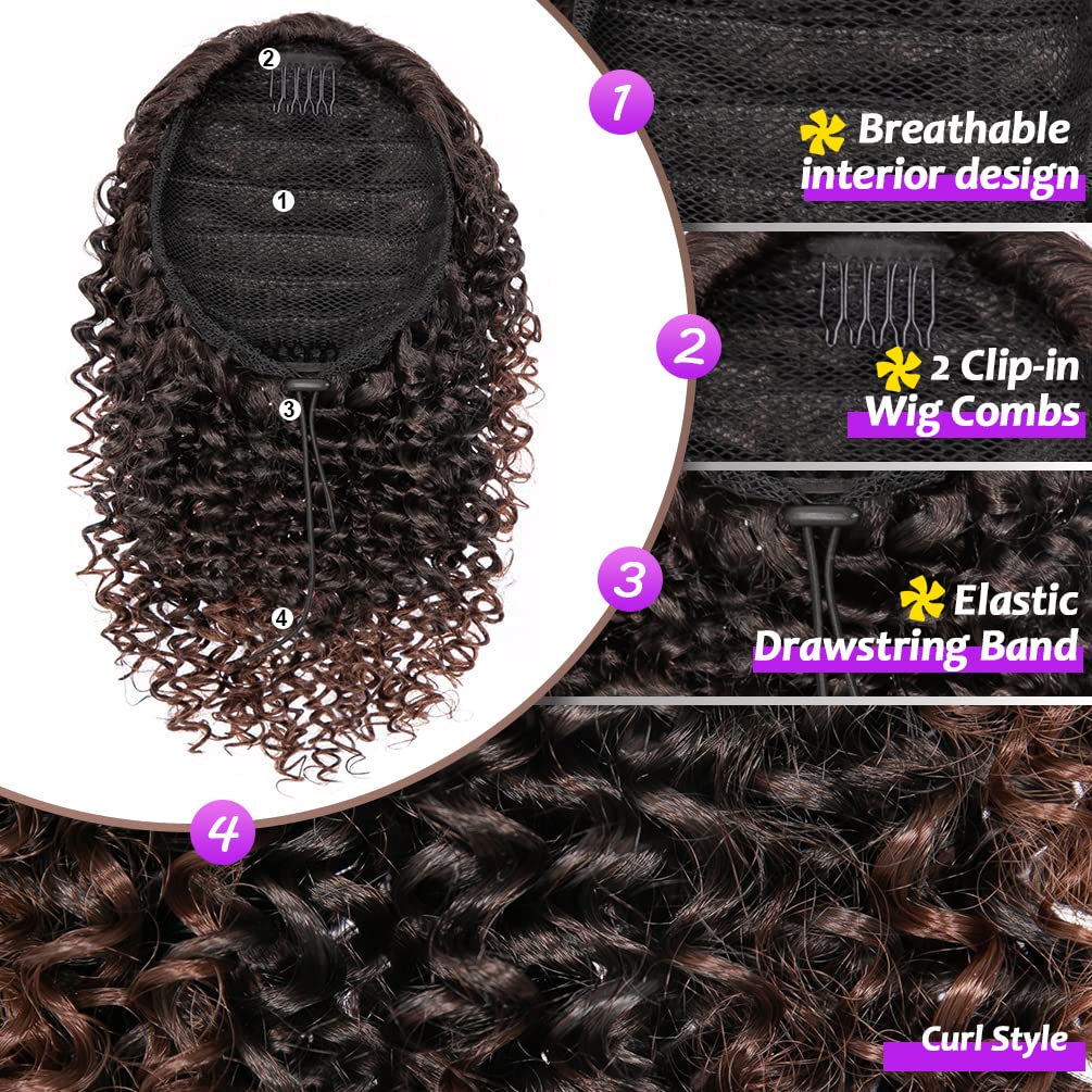 Rosmile Short Kinky Curly Ponytail Extension For Black Women, 10 Inch Ombre Natural Black To Brown Drawstring Curly Ponytail Wit