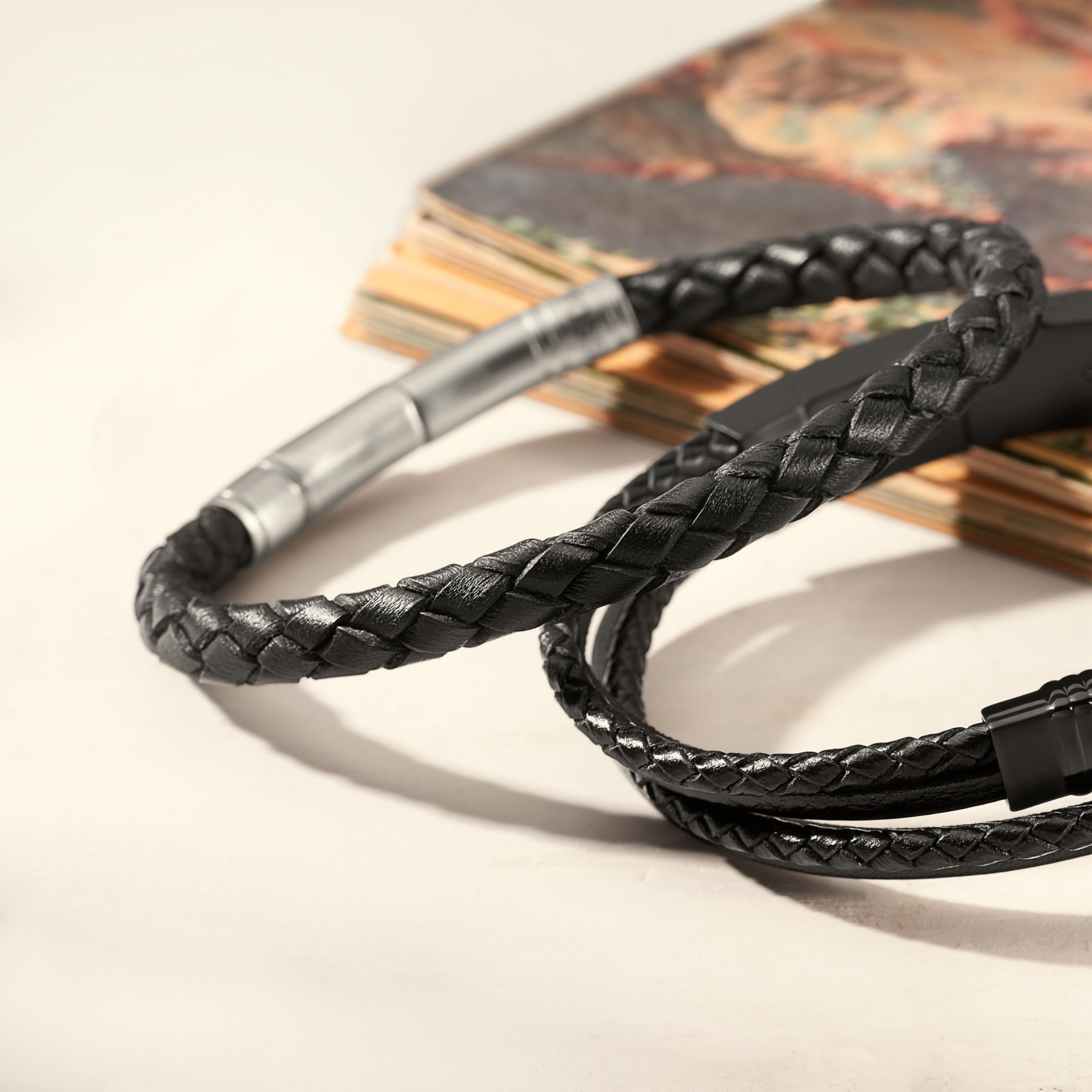 Fossil Men's Leather Braided Leather Bracelet, Color: Black/Silver (Model: JF00510797)