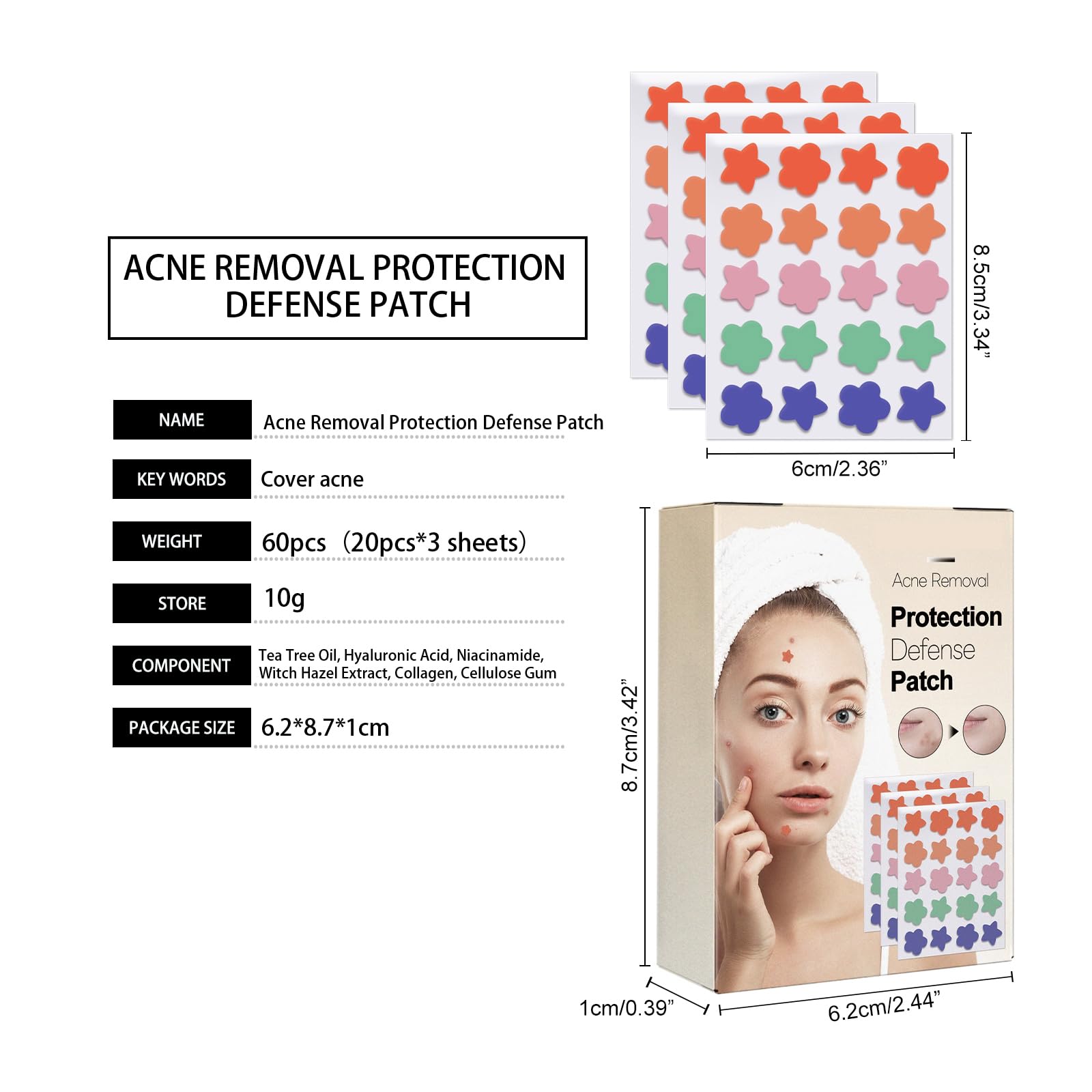 Pimple Patches, 60PCS Acne Patches for Face, Hydrocolloid Zit Patches with Tea Tree Oil for All Skin Type, Star & Flower Cute Pi