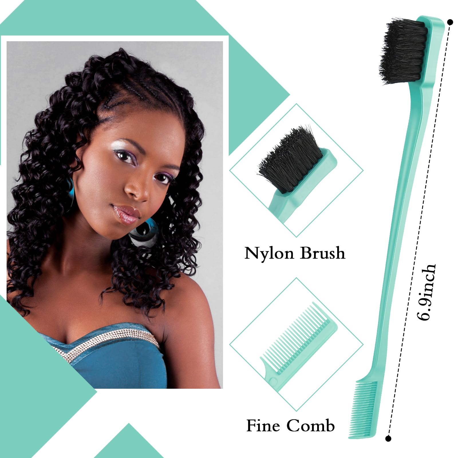 Geiserailie 3 Pcs Slick Back Hair Brush Set Bristle Brush Edge Control Teasing Comb For Women Black Hair(Cyan)