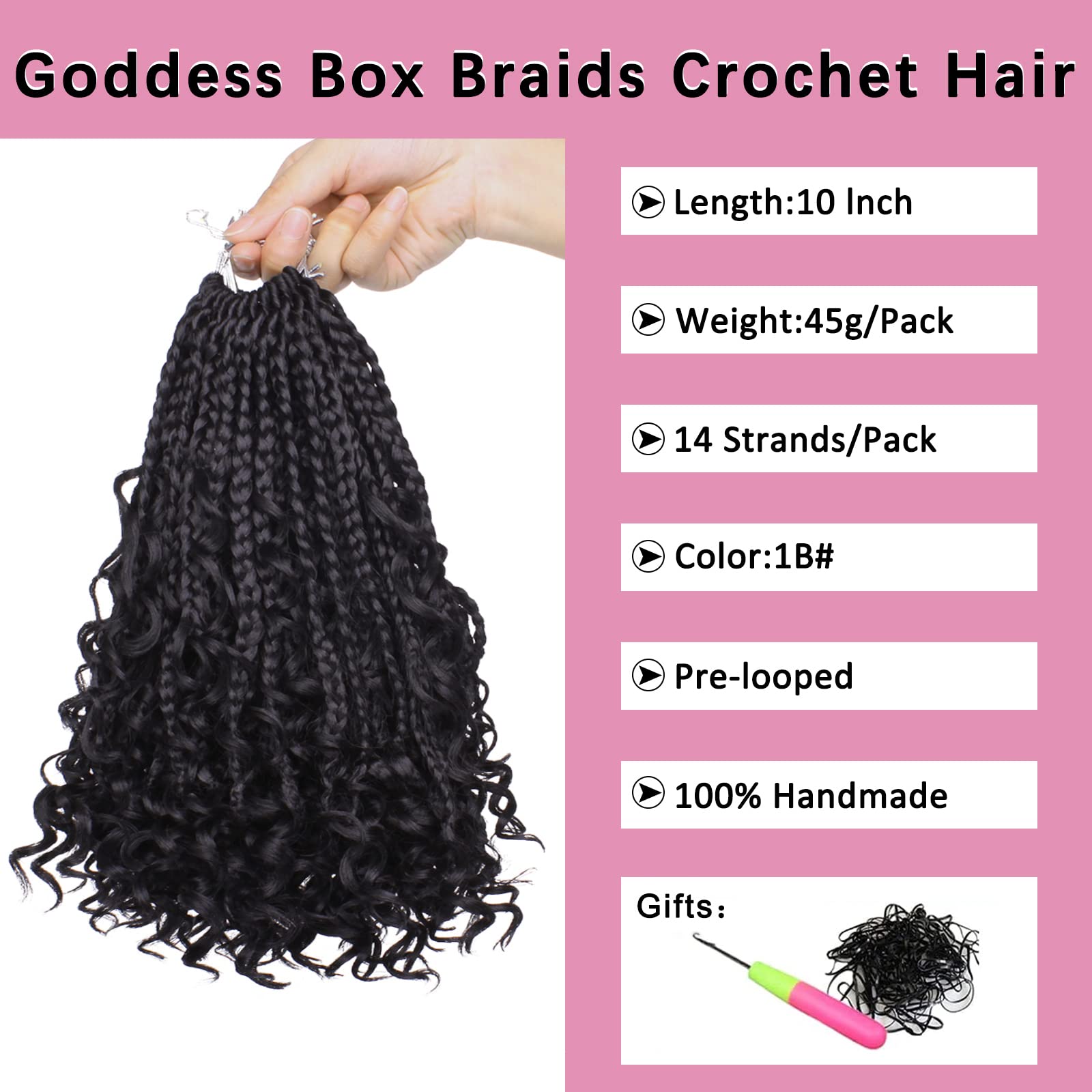 COOKOO 10 Inch Goddess Box Braids Crochet Hair, Synthetic, Curly Ends, 8 Packs, 1B#