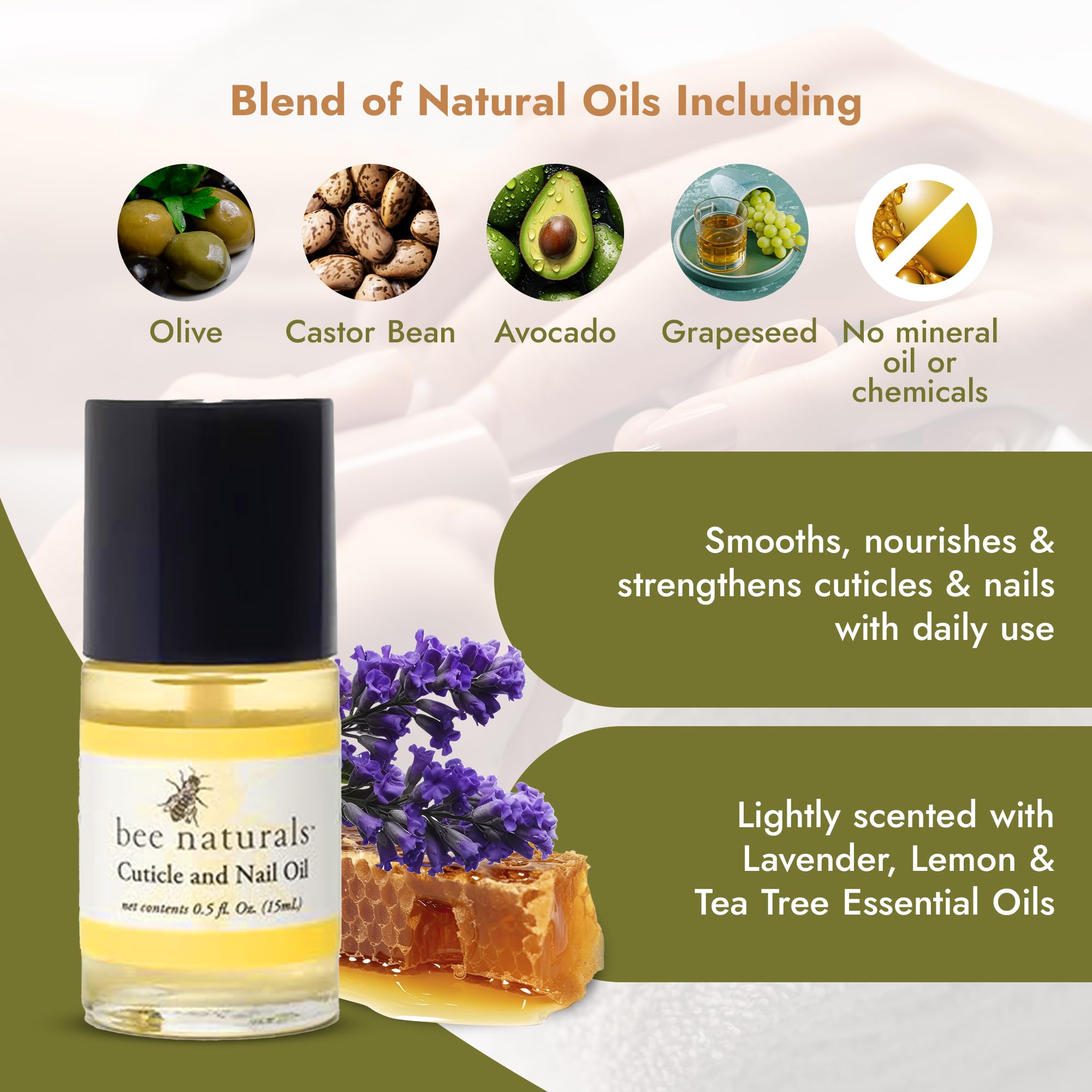 Bee Naturals Nail & Cuticle Oil Kit - Nourishing Nail Strengthener With Vitamin E, Olive & Avocado Oils - Lavender Lemon & Tea T