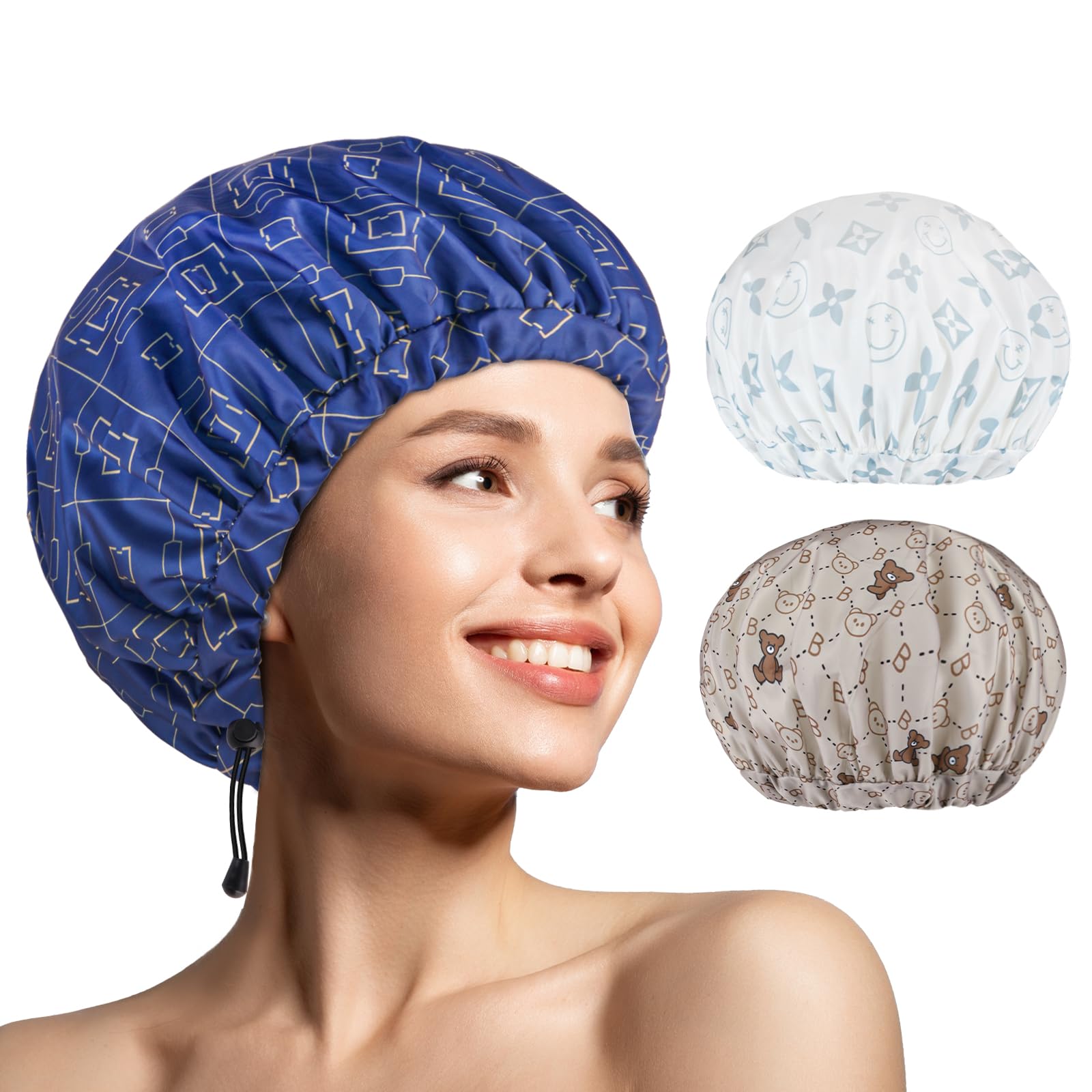 3 Pcs Shower Caps For Women, Upgrade Comfortable & Extra Large & Double Layers Waterproof Bath Cap, Oversized Designed Adjustabl