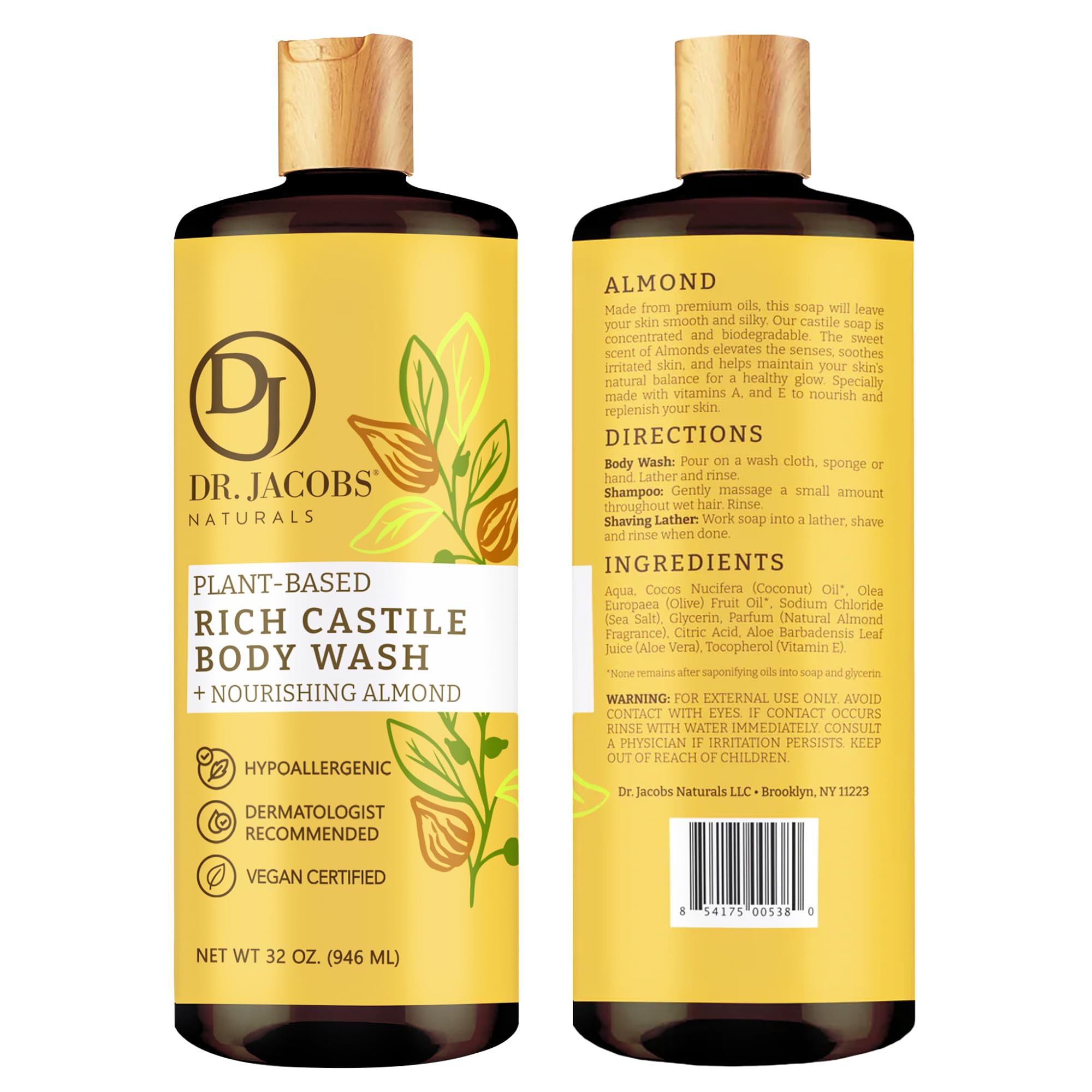 Dr Jacobs Naturals Pure Castile Liquid Soap Gel - Moisturizing (Almond Honey, 32 Oz 3-Pack) Made With Premium Organic Oils - Veg