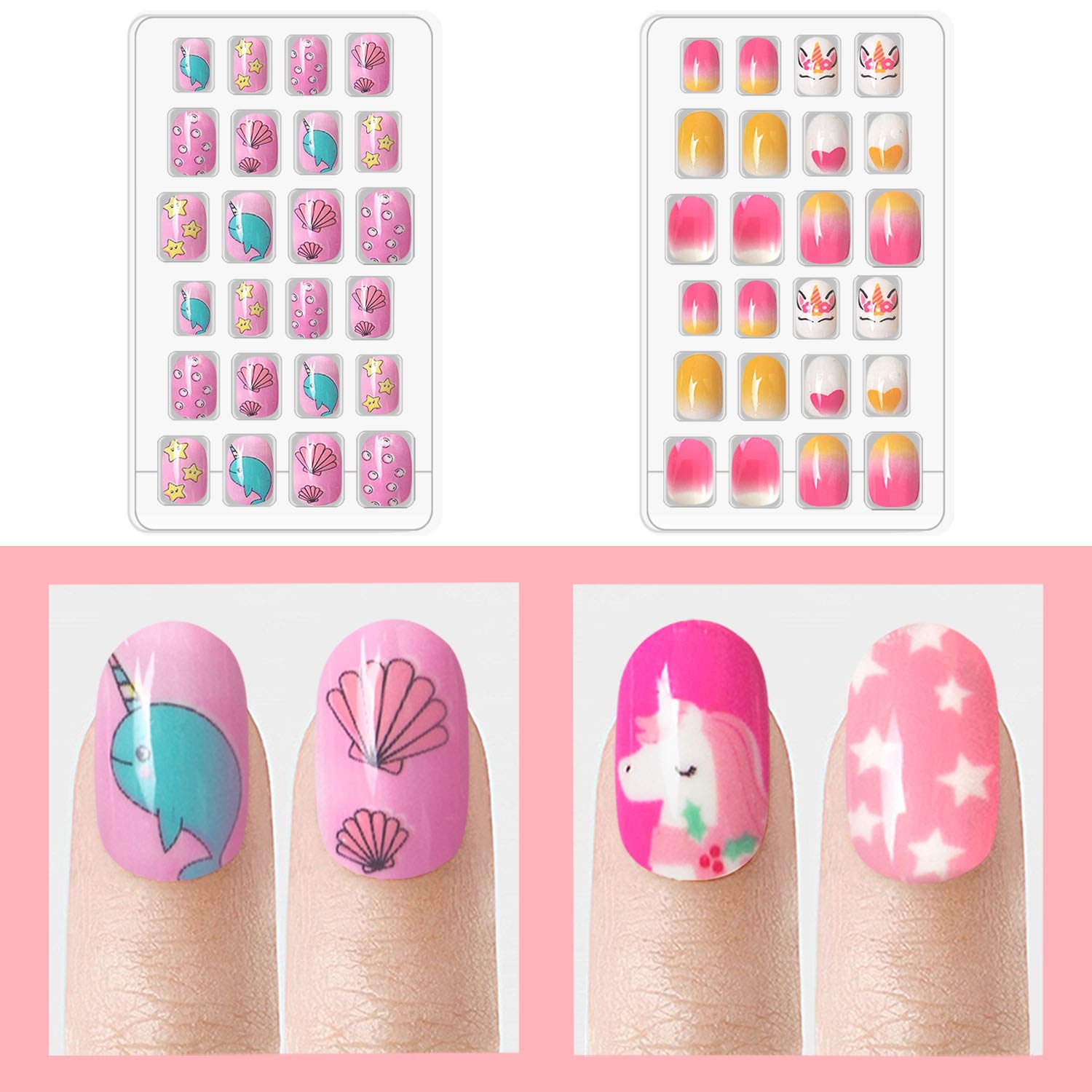 Laza 120pcs Children Nails Press On Pre-glue Full Cover Glitter Gradient Color Rainbow Sparkling Star Unicorn Shell Short False