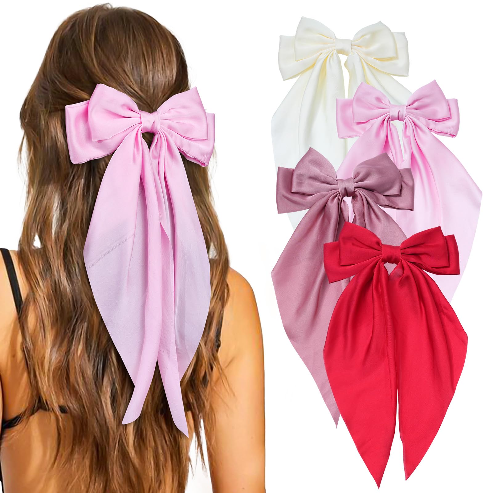 4 Pcs Hair Bows for Women Big Ribbon Bows for Hair Long Tail Bow Hair Clips Cute Hair Barrettes Hair Accessories for Girls (Red 