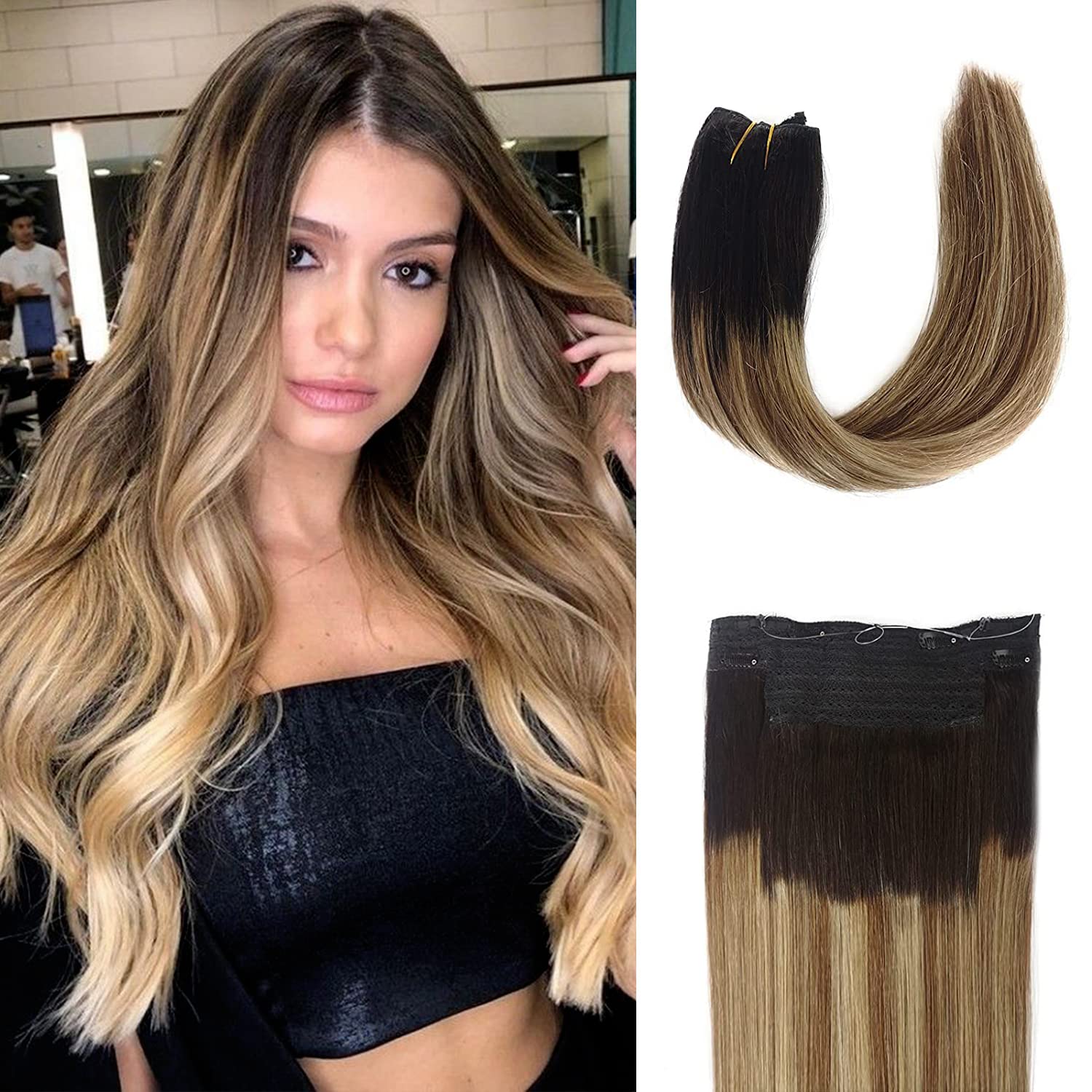 Halos Hair Extension Real Human Hair Dark Brown Balayage Blonde Halos Remy Human Hair Extensions Ombre Colored Invisible Wire Ha