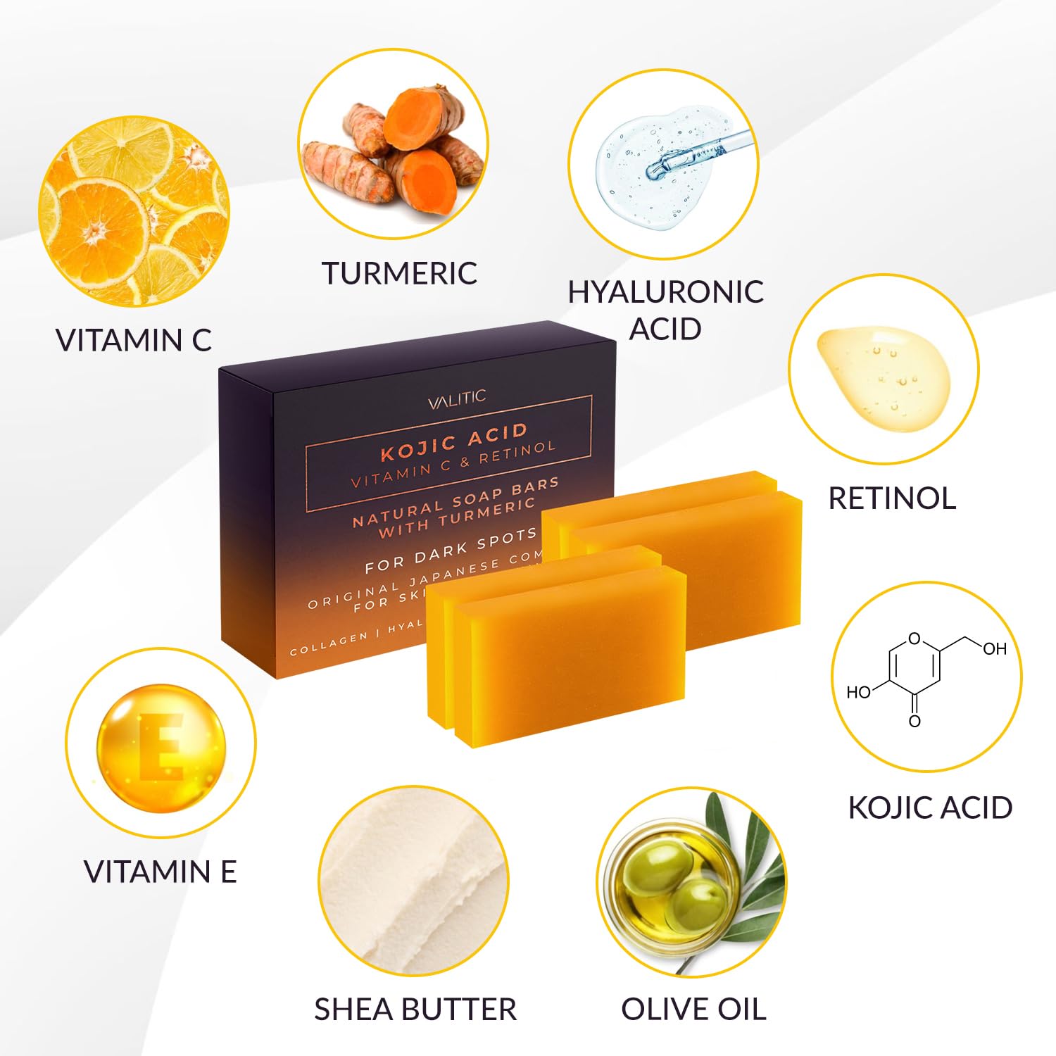 Valitic 4 Pack Kojic Acid Vitamin C & Retinol Soap Bars For Dark Spot & A Pair Of Turquoise Exfoliating Gloves For Body Scrubs