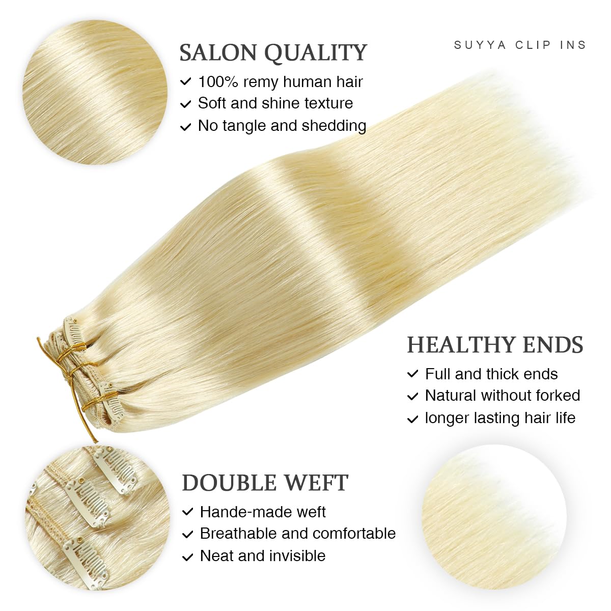 Suyya Clip In Hair Extensions Real Human Hair 14 Inch 110G 7Pcs Platinum Blonde Hair Extensions Real Human Hair Clip Ins Silky S