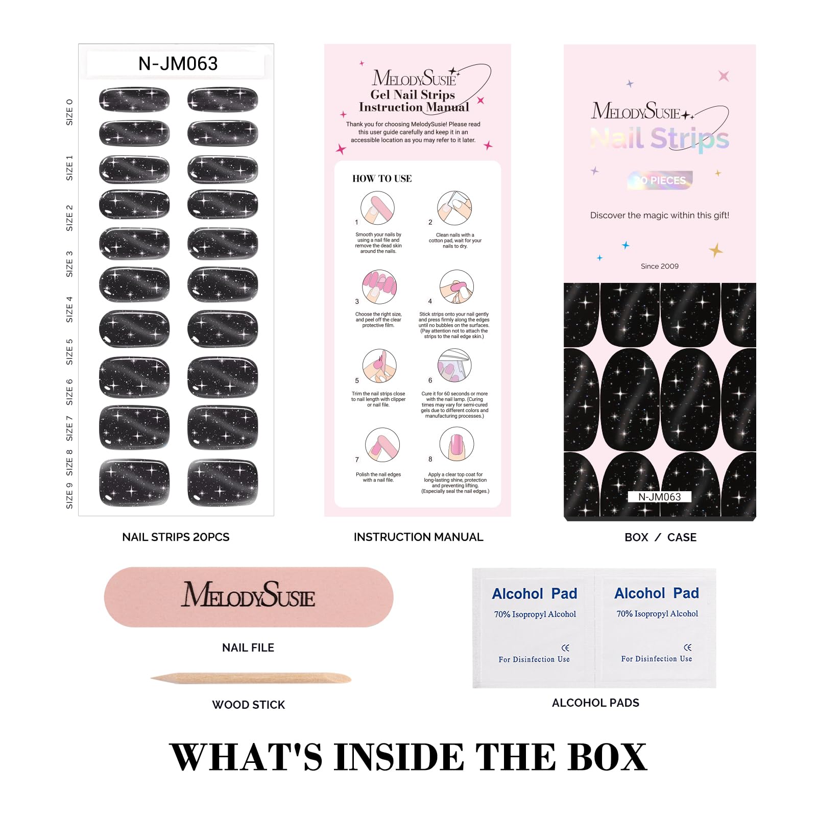 Melodysusie Semi Cured Gel Nail Strips (Black Stars)- Works With Nail Lamp, Salon-Quality, Long Lasting, Easy To Apply & Remove