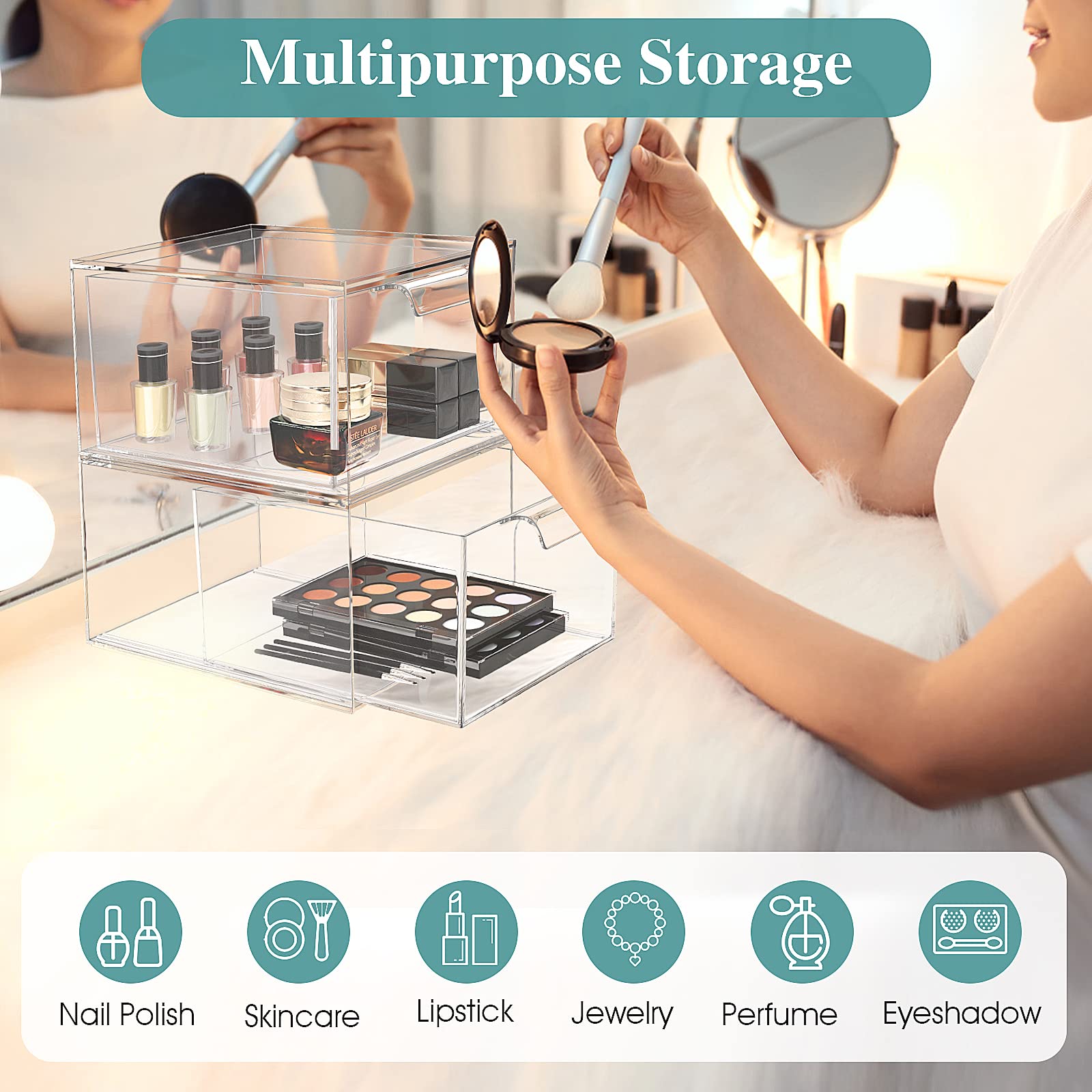 Spacehacks 2 Pack Stackable Makeup Organizer And Storage, Acrylic Organizers,Clear Plastic Storage Drawer With Handles For Vanit