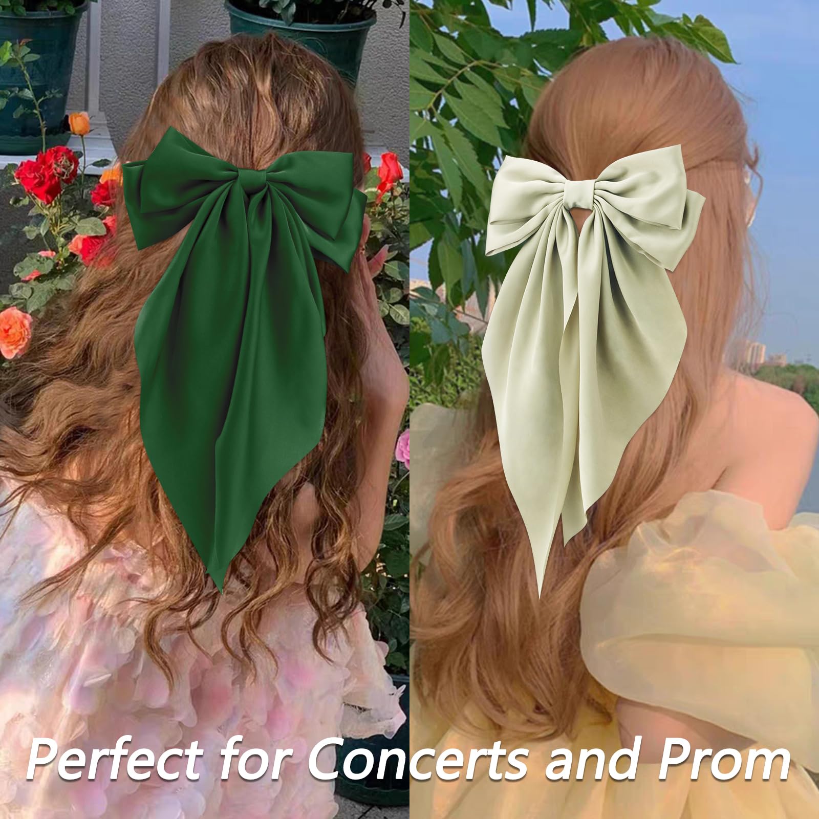 Velscrun Black White Green Dark Green Hair Bows For Women Girls, Silky Satin Large Coquette Bow, Oversized Hair Ribbons 4Pcs Big