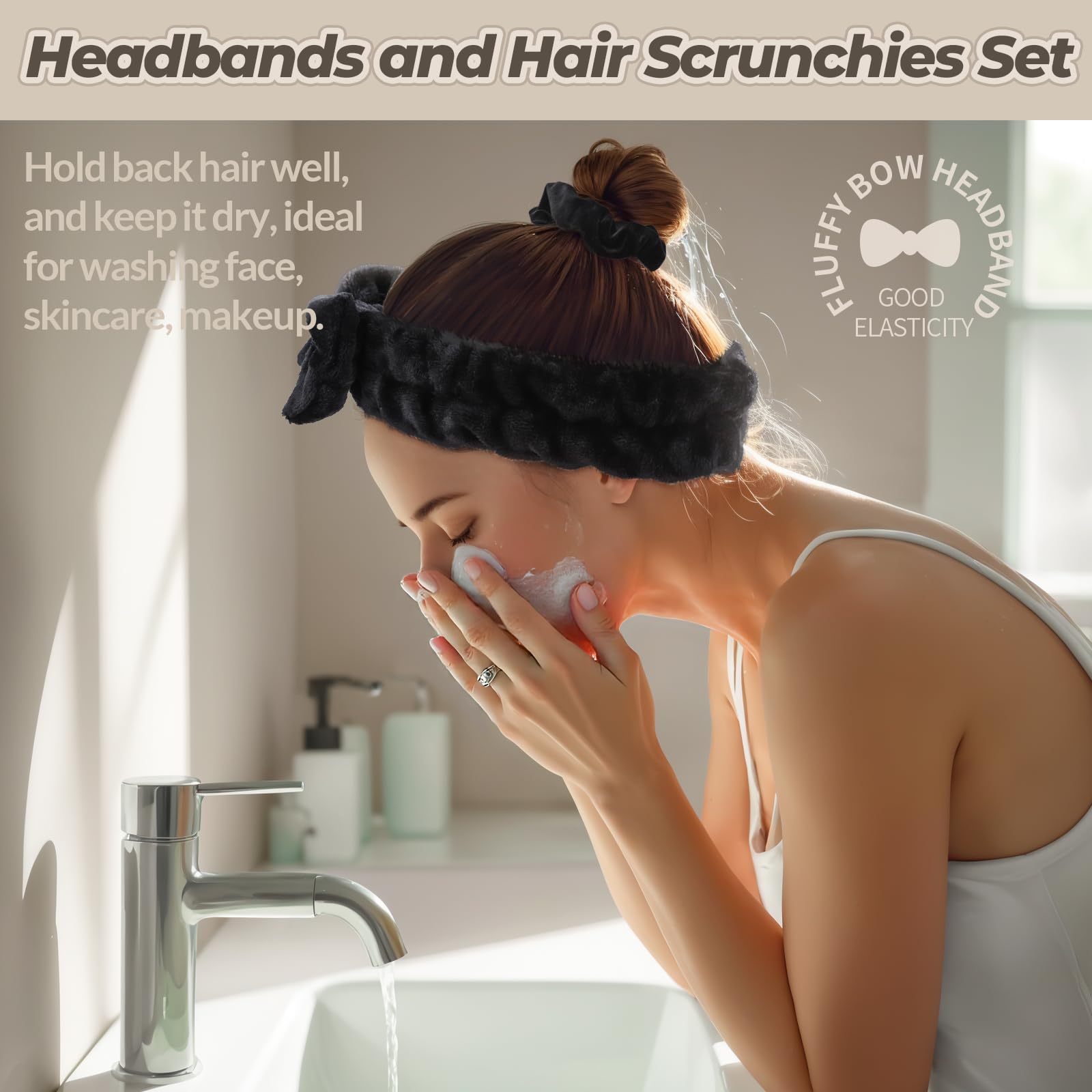 LEOBRO Spa Headband for Skin Care and Makeup, Women Teen Girls Headband for Washing Face, with Hair Scrunchies, Black & White &