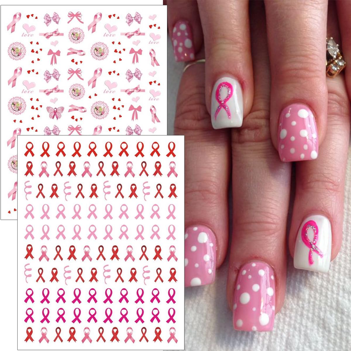 Breast Cancer Nail Stickers 3D Pink Ribbon Nail Decals Breast Cancer Awareness Nail Art Stickers Love Heart Bow Nail Design Stic