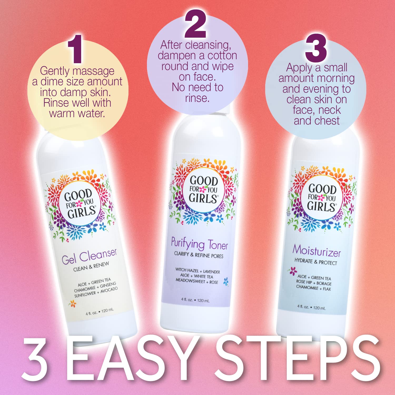 Good For You Girls Three-Step Skincare Gift Set - Cleanser, Toner & Moisturizer For Girls To Teens, Safe, Natural, Plant-Based I