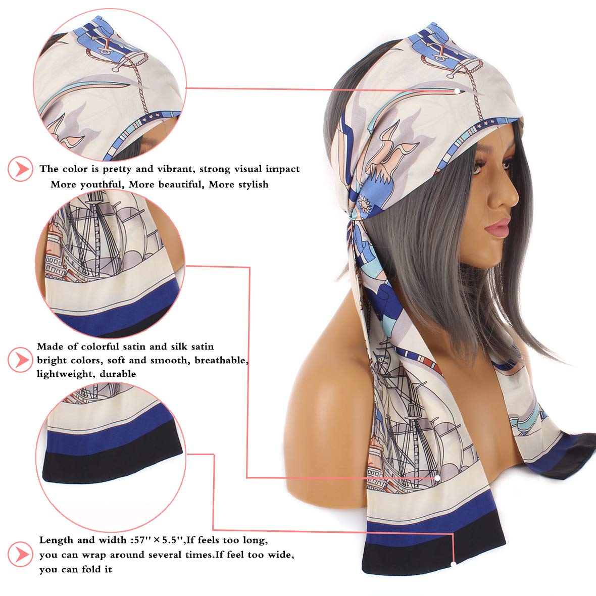 Leeven 3 Pieces Satin Edge Laying Scarf For Lace Wigs Non Slip Printed Headband Scarf For Hair Wrapping At Night 57''X5.5'' Silk