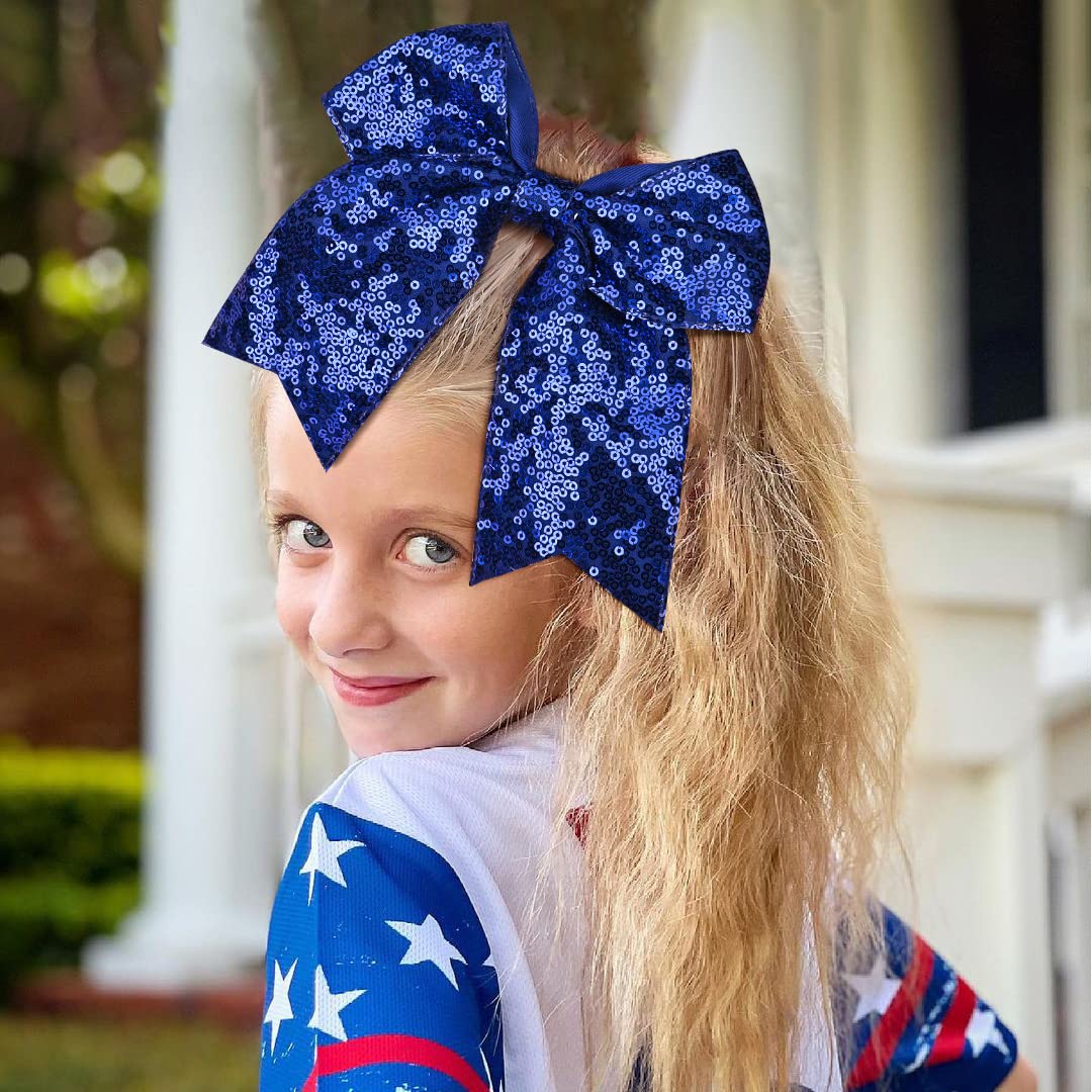 12 Pcs 8'' Large Glitter Cheer Bows Blue Girl Hair Bows Sparkly Cheerleading Softball Team Bow Hair Accessories For Cheerleaders