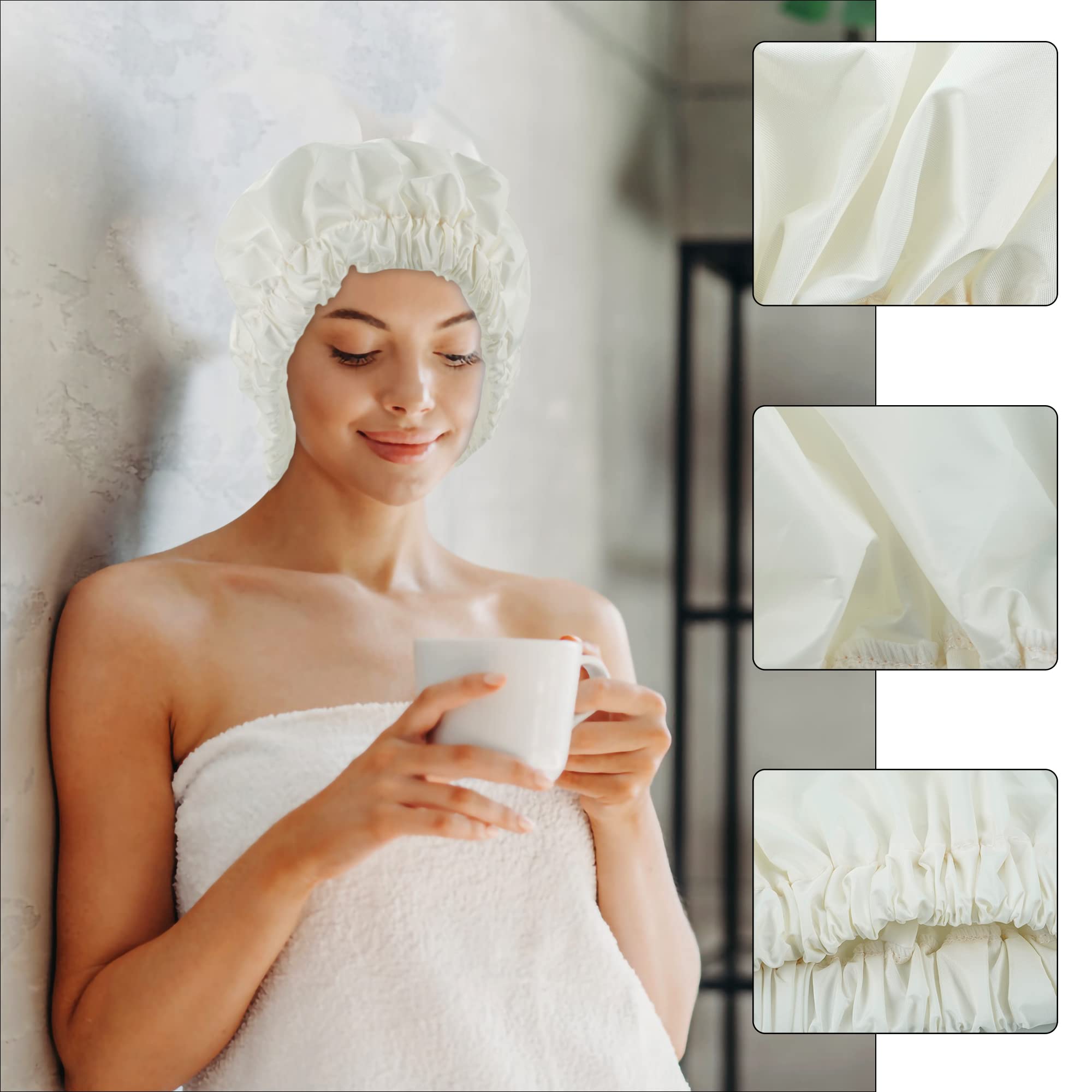 Reusable Shower Cap For Women, Large Waterproof Shower Bonnet Washable Elastic Band Bath Hair Hat For Long Hair, Braids(Black&Wh
