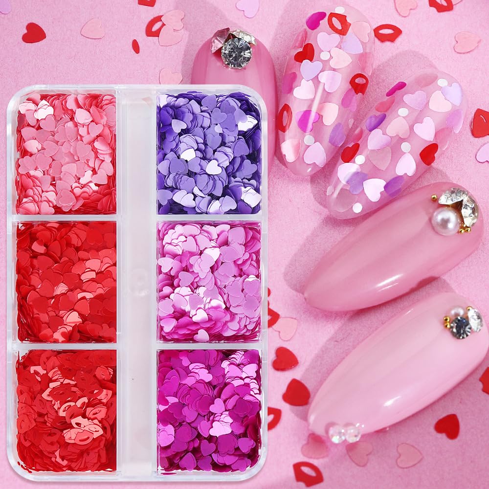 6 Grids Red Heart Glitter Nail Art Sequins, Holographic Heart Shaped Nail Sequin Laser Heart Nail Art Flake Glitter Decals for V
