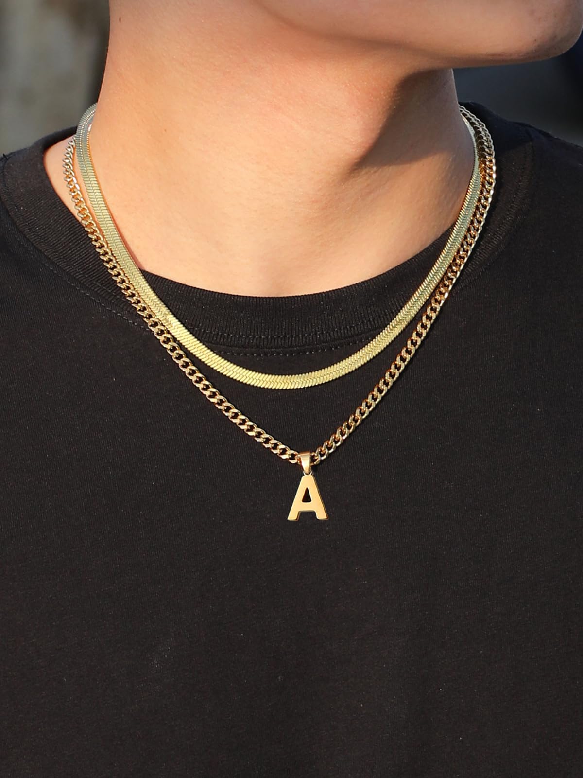 P.BLAKE Layered Initial E Pendant Necklace for Men, Stainless Steel Letter Cuban Link Herringbone Chain Jewelry Collar Cadenas P