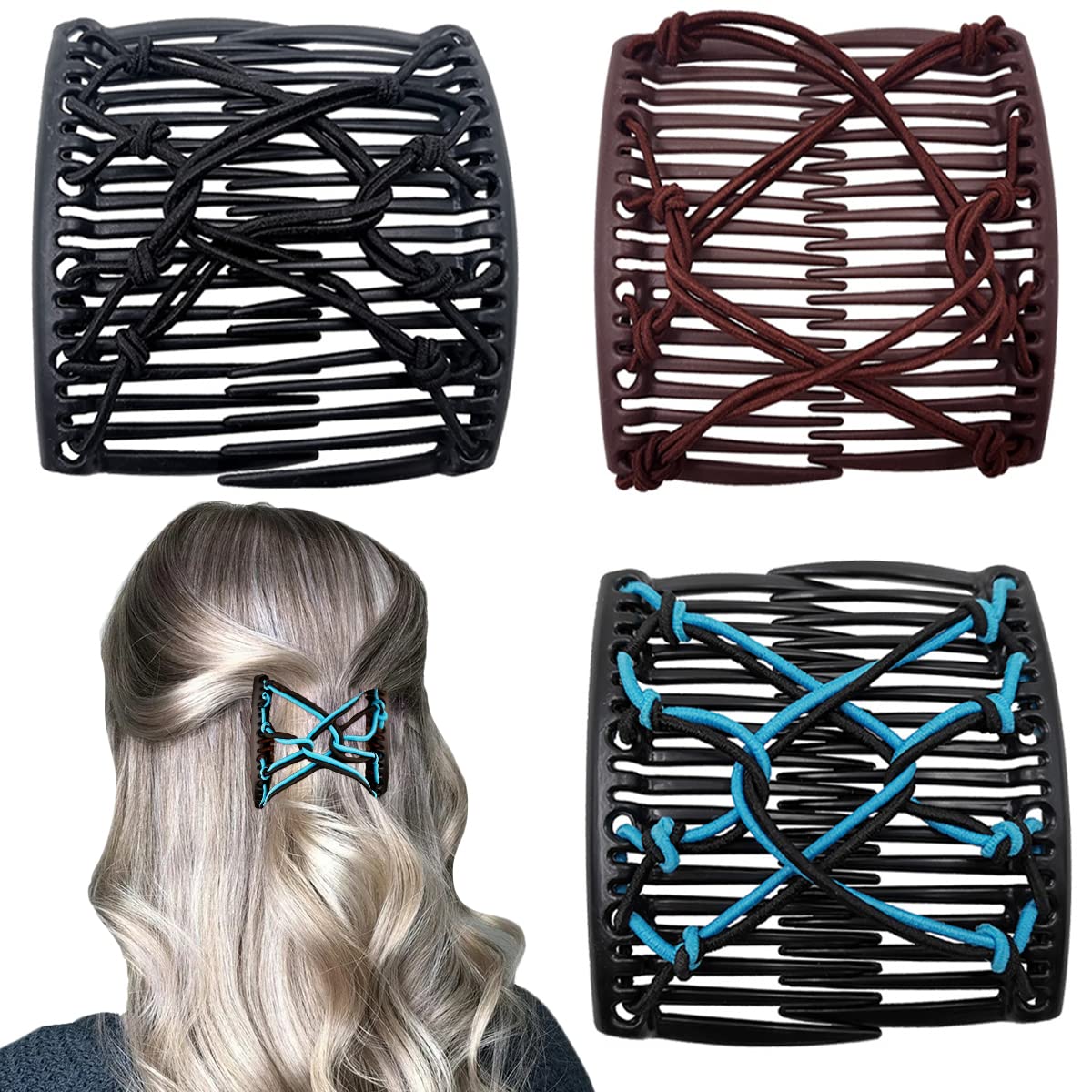 3 Pieces Elastic Magic Hair Comb Clips Stretchy Double Comb Hair Forks for Women Girls Vintage Hairstyle Multipurpose Hair Acces