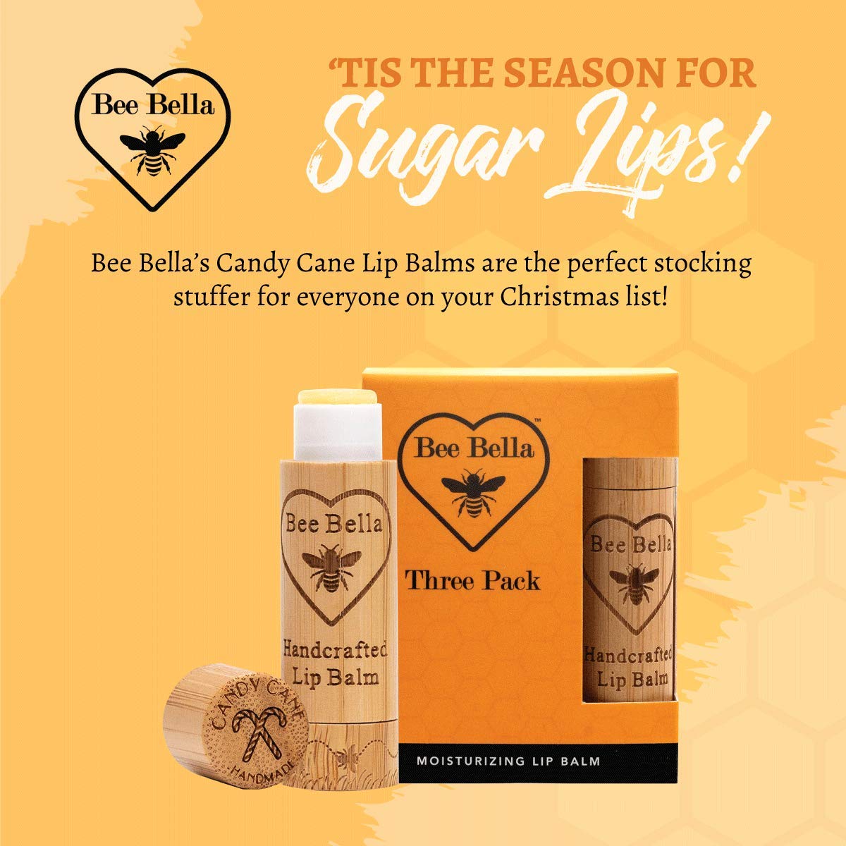 Bee Bella Lip Balm, Candy Cane, 3 Pack - Hydrating, Moisturizing Lip Care, 100% Natural, Original Organic Beeswax With Vitamin E