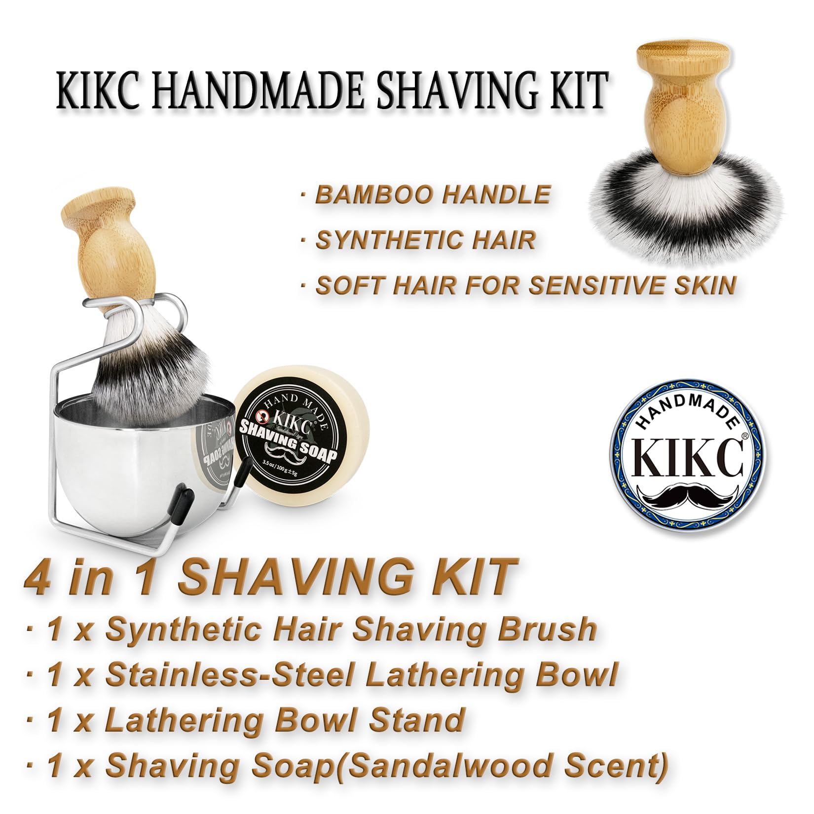 Kikc 4 In 1 Shaving Set For Wet Shave, Kit Includes Hand Crafted Shaving Brush With Synthetic Hair Bristle, Stainless Steel Soap