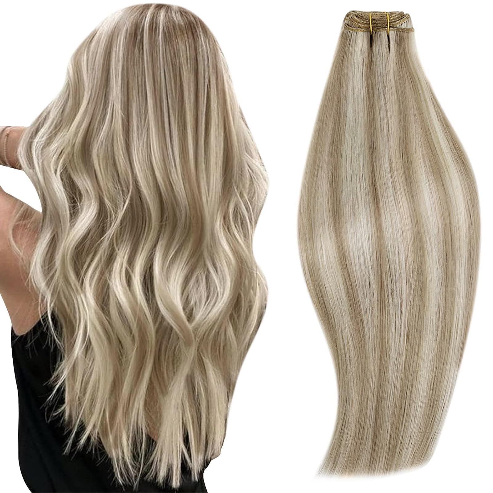 RUNATURE Blonde Wefts Human Hair Extensions 22 Inch Straight Hand Tied Weft Hair Extensions Human Hair Ash Brown Highlight Plati