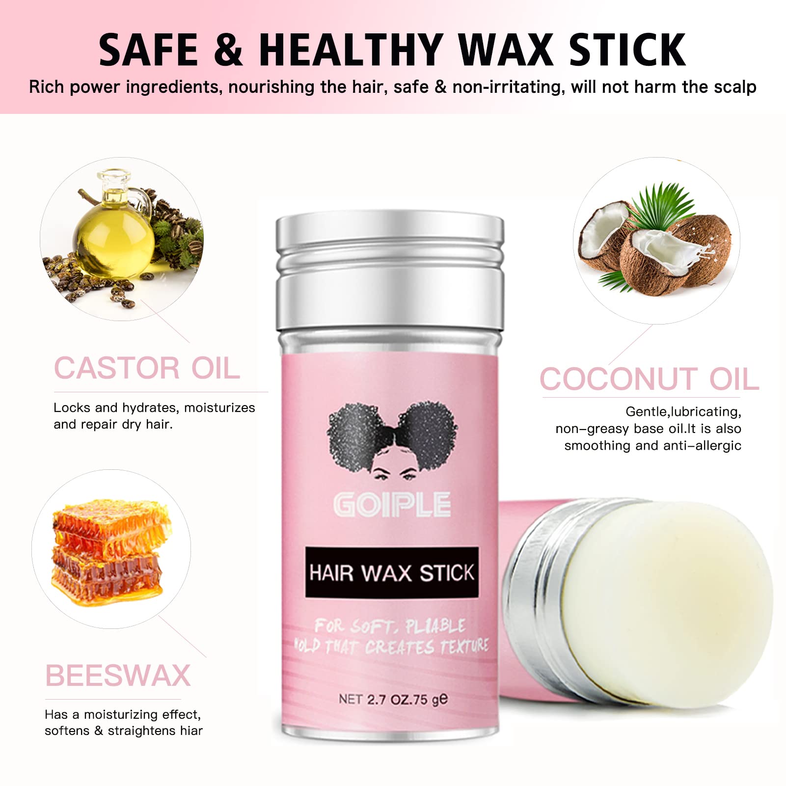 Goiple Wax Stick For Hair, Hair Pomade Stick, Long-Lasting Styling Wax Stick Hair (2.7+0.56 Oz)