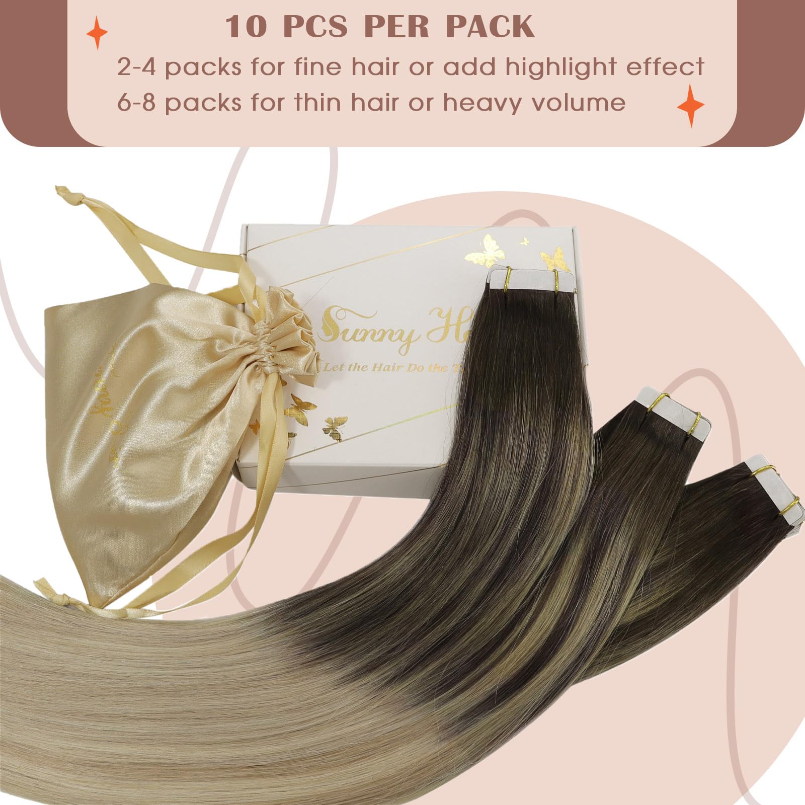 Sunny Hair Tape in Hair Extensions Real Human Hair Invisible Remy Hair Extensions Tape ins for Women Dark Brown Balayage Dark Go