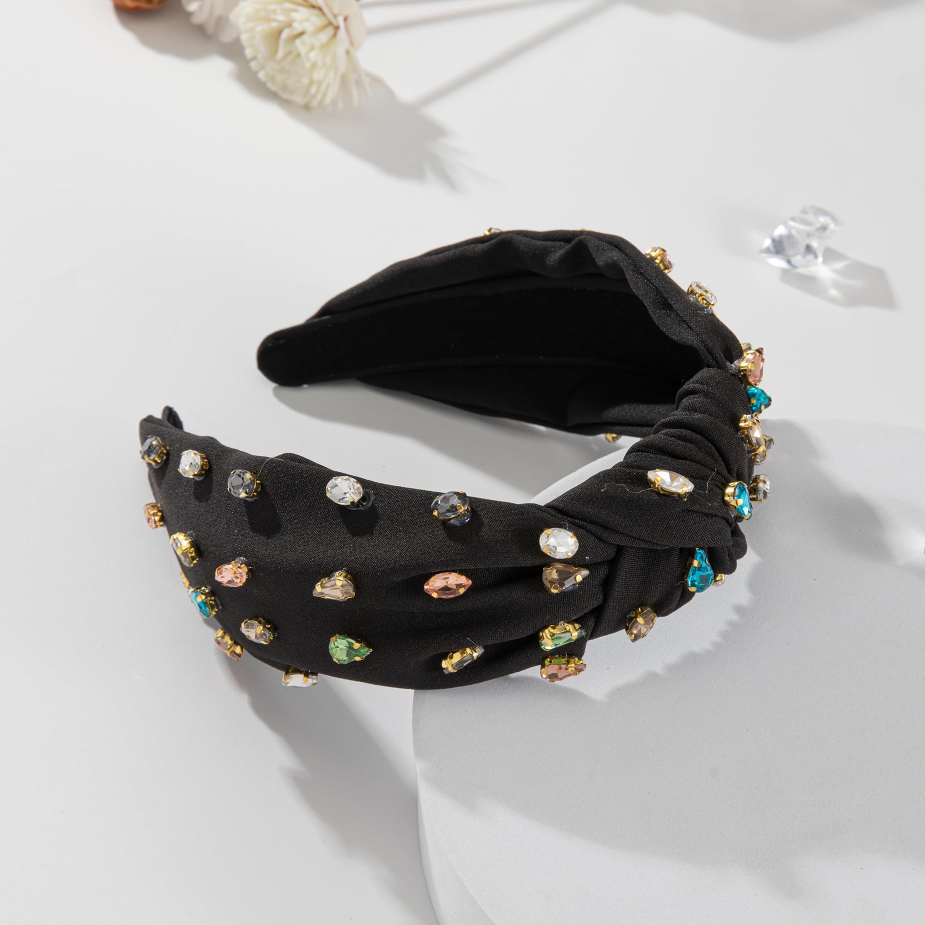 Mixcbe Rhinestone Headband Rhinestone Knotted Black Headbands For Women, Sparkly Crystal Jeweled Headbands Top Knot Twist Wide H