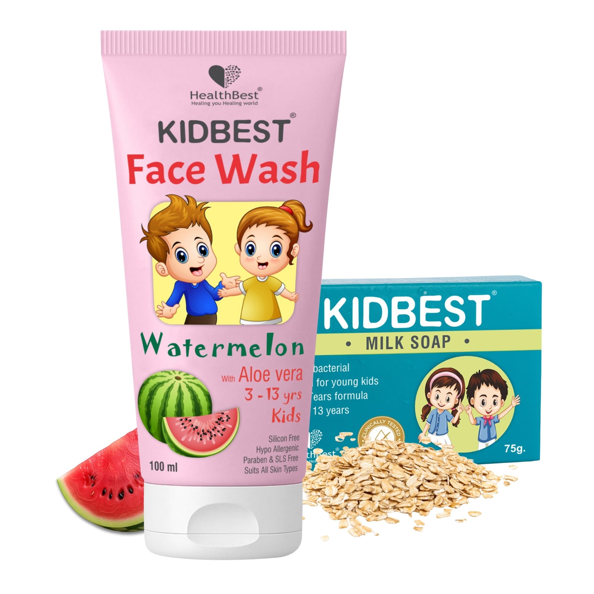 Healthbest Kids Tear-Free Face Wash 100Ml + Milk Soap 75G Combo For Children 3-13 Years | Gently Cleanses, Hydrates, Bright Skin