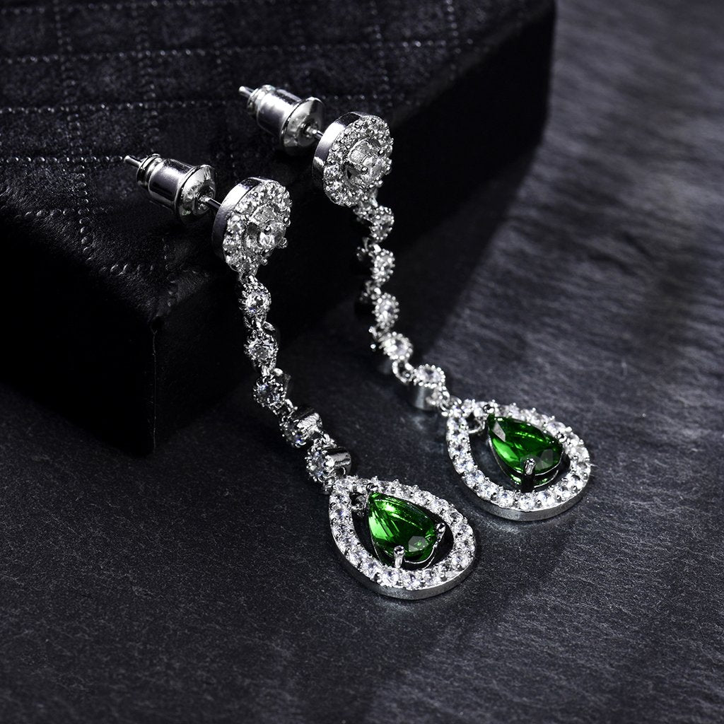 GULICX AAA Cubic Zirconia Women's Party Silver Tone Emerald-Color Jewelry Set Earrings Pendant Necklace