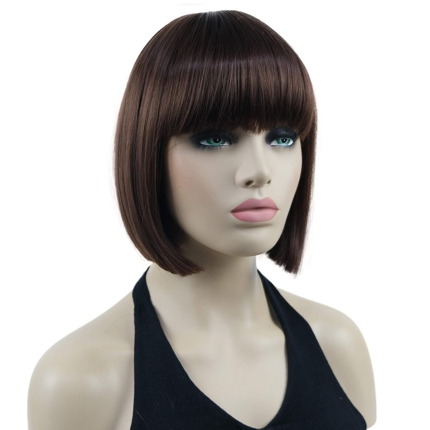 Lydell 8'' Straight Short Bob Hair Flat Bangs Cute Central Dot Skin Top Heat Resistant Synthetic Wigs (31 Medium Auburn)