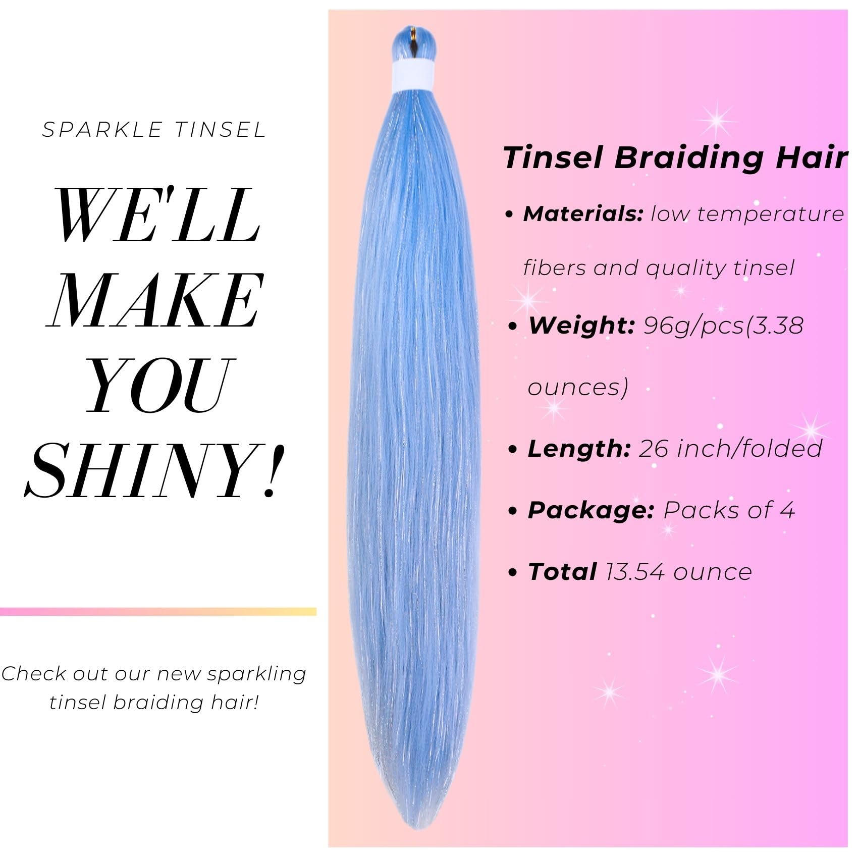 Sparkling Baby Blue Tinsel Braiding Hair Pre Stretched Glitter Braiding Hair Extensions For Knotless Box Braids(26Inch 4 Packs)