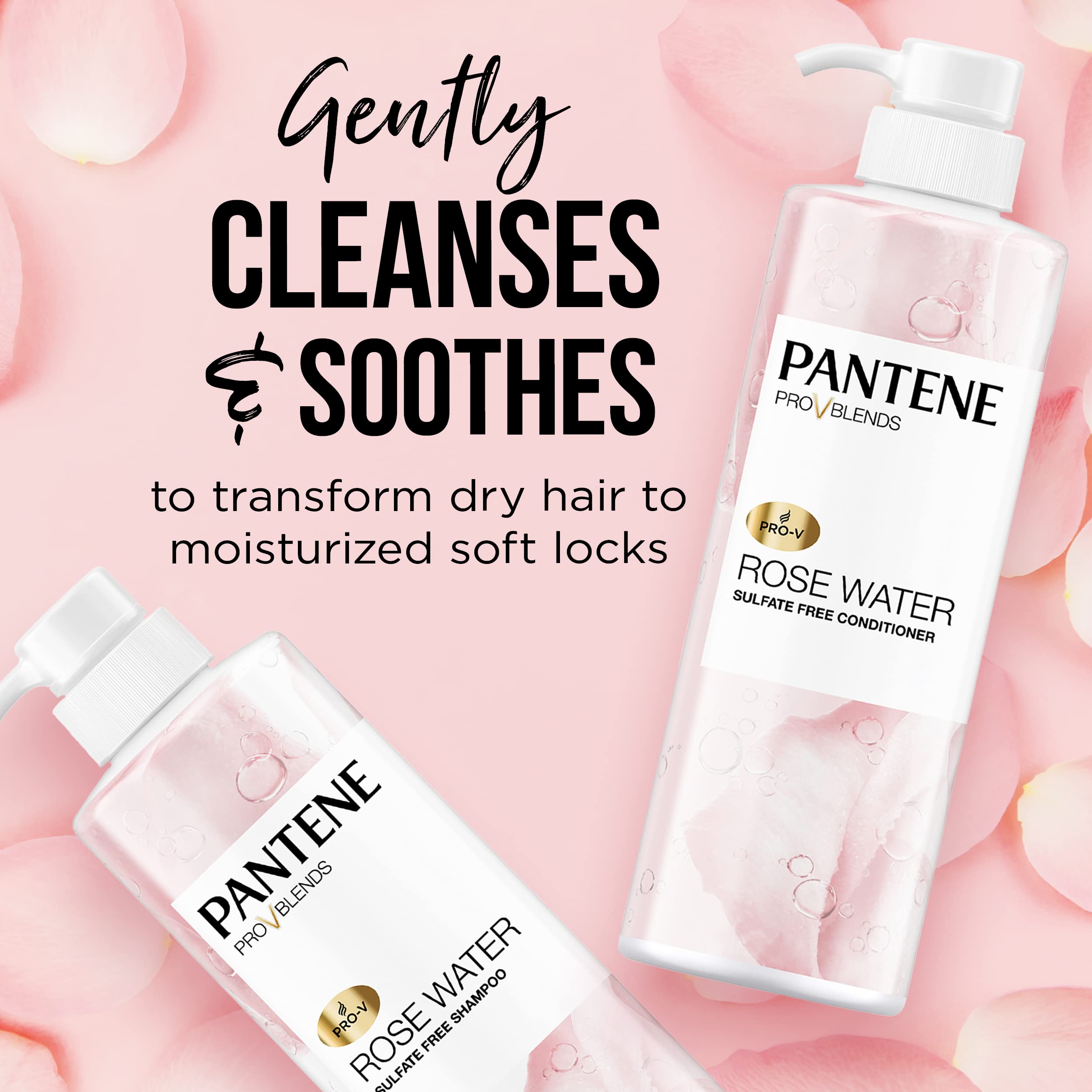 Pantene Sulfate Free Shampoo And Conditioner Set, Rose Water, Soothing And Moisturizing, Infused With Vitamin B5, For All Hair T