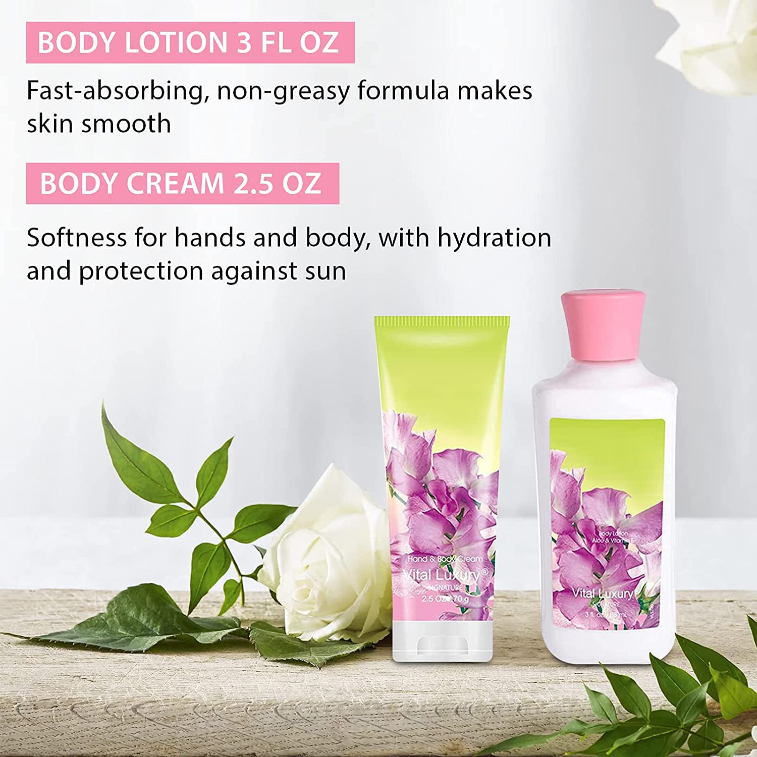 Vital Luxury Sweet Pea Bath & Body Kit, 3 Fl Oz, Ideal Skincare Gift Home Spa Set, Includes Body Lotion, Shower Gel, Body Cream,