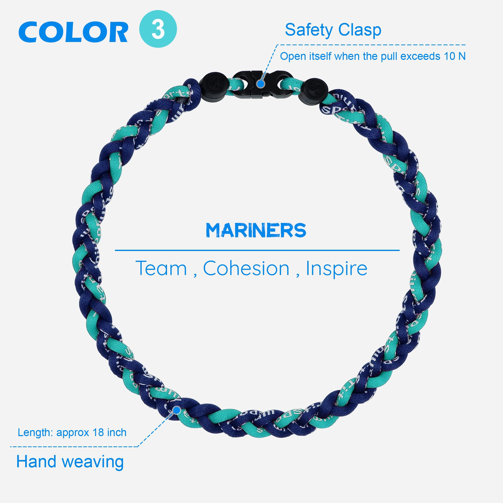 SUPBOMM 3 pcs Baseball Rope Necklaces, League Team Colors Braided Necklace, Baseball Team Gifts, Mariners
