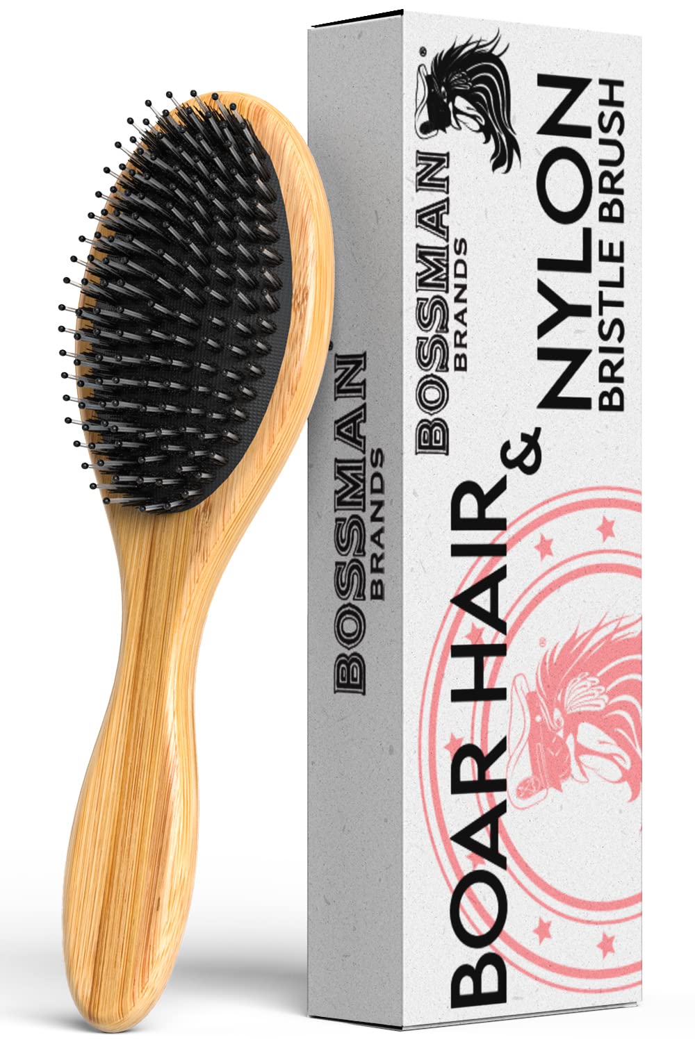Bossman Men's Boar and Nylon Bristle Hair and Beard Brush - Detangling & Straightening Wooden Oval Wet Brush - Ergonomic Bamboo 