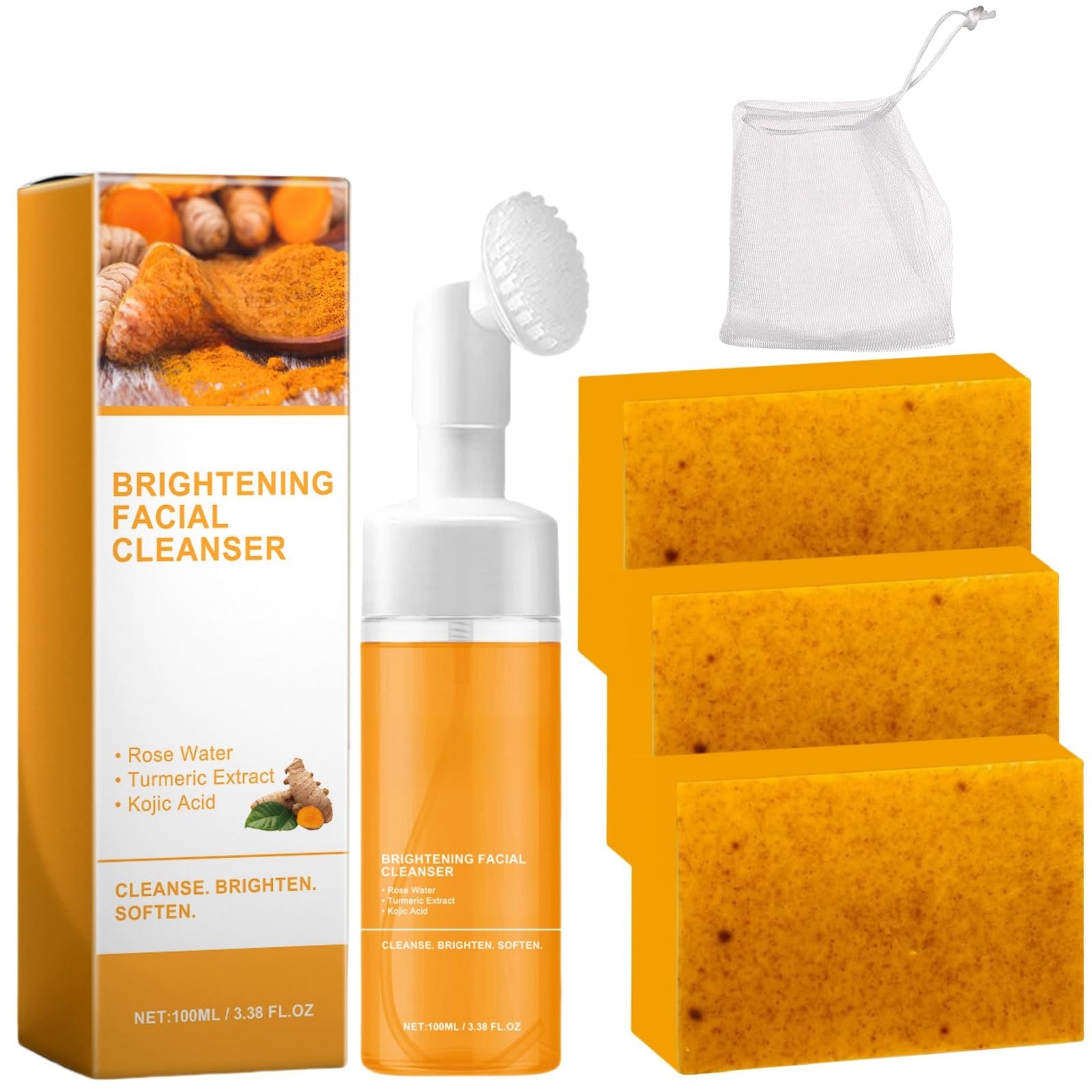 Turmeric Wash and Care Two Piece Set, Tuemeric Facial Cleanser & Turmeric Soap Combo, Turmeric Cleansing Mousse, Turmeric Face W