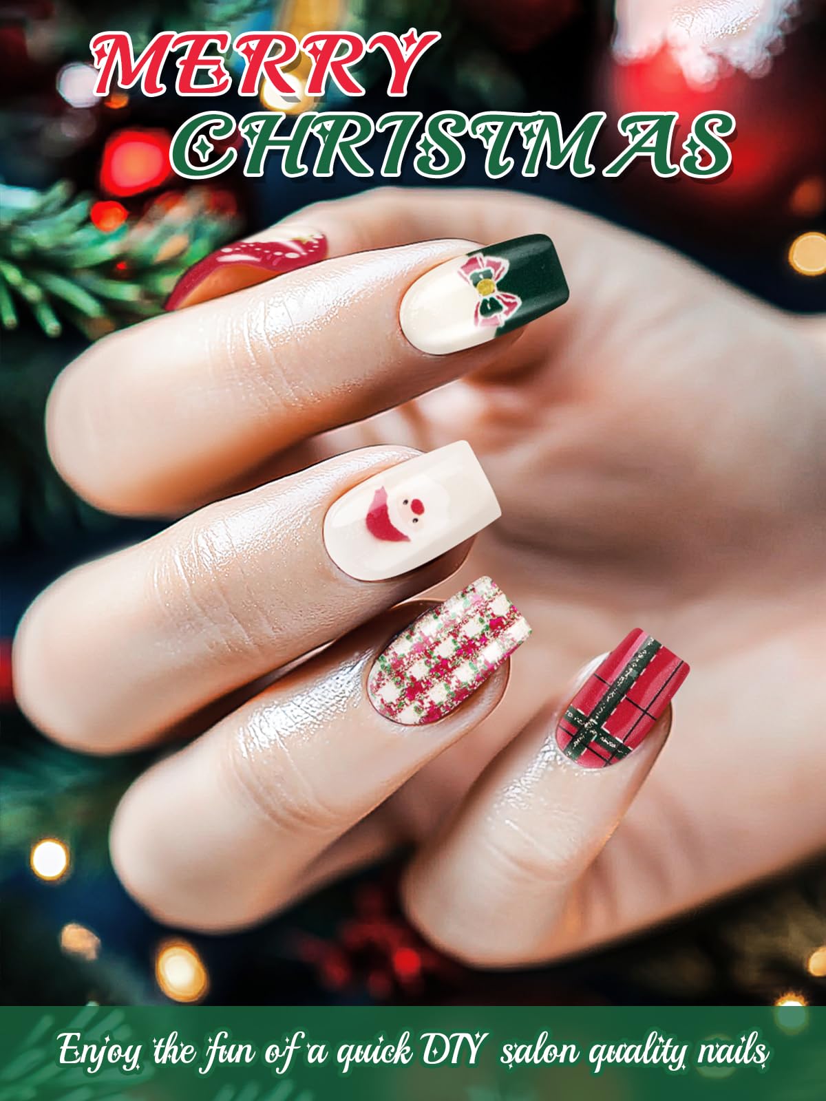 Ebanku 24Pcs Christmas Semi-Cured Gel Nail Strips, Santa Claus Adhesive Gel Nail Art Sticker, Waterproof Gel Nail Wrap Stickers