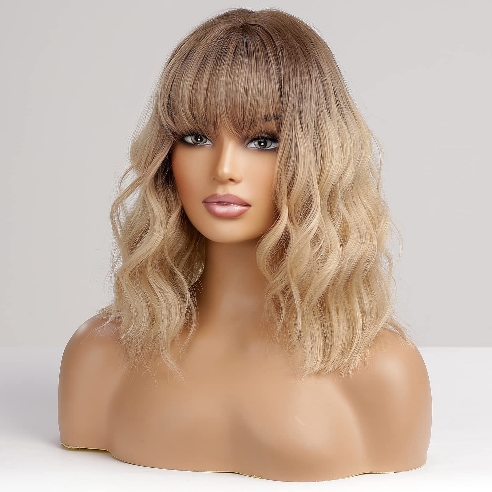 HAIRCUBE Short Blonde with Dark Roots Curly Wigs With Bangs,Wavy Bob Wigs for Women Heat Resistant Synthetic Wigs