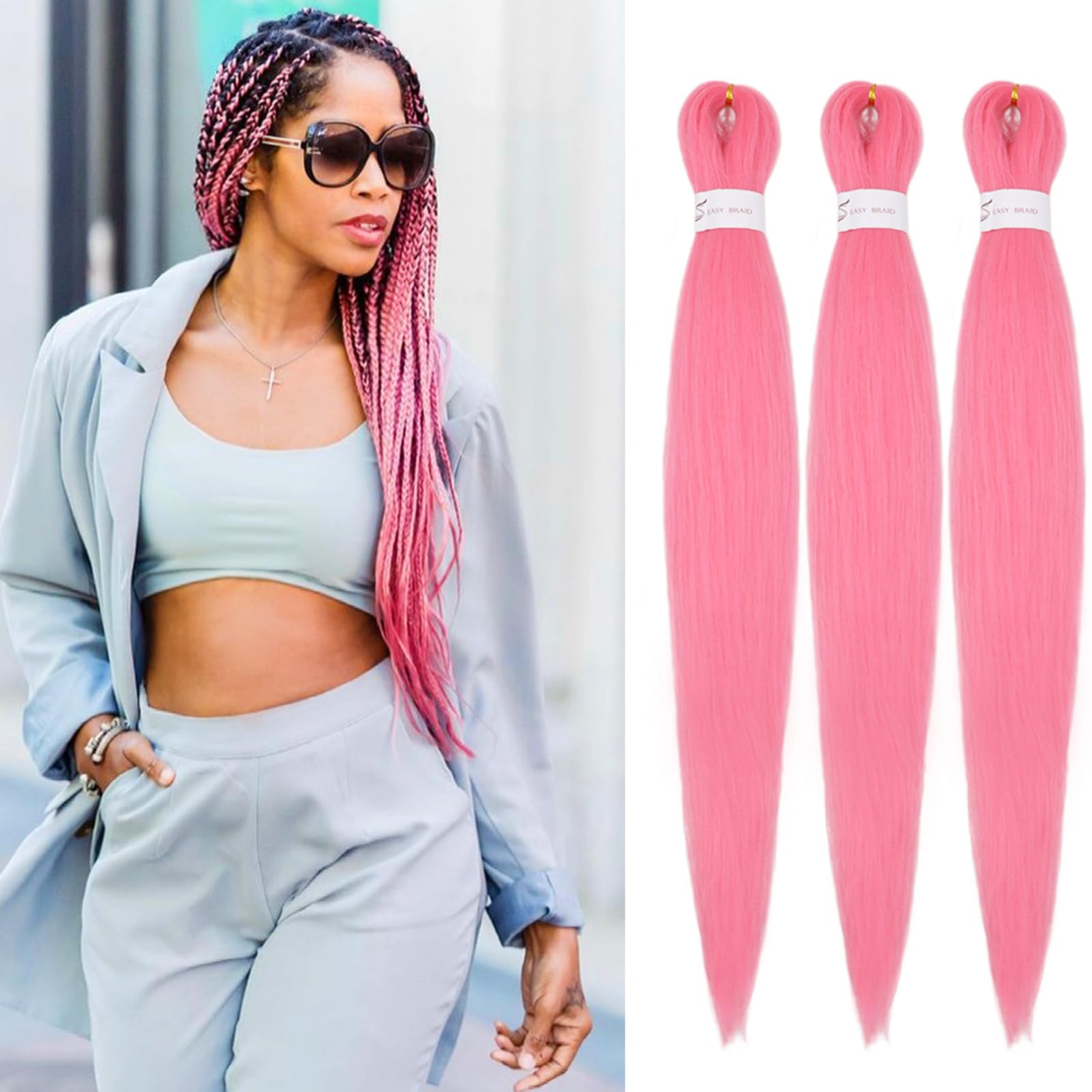 Iximii 3 Packs Pink Braiding Hair Pre Stretched 20 Inch Pre-Stretched Kanekalon Hair Straight Crochet Braids Soft Yaki Texture H