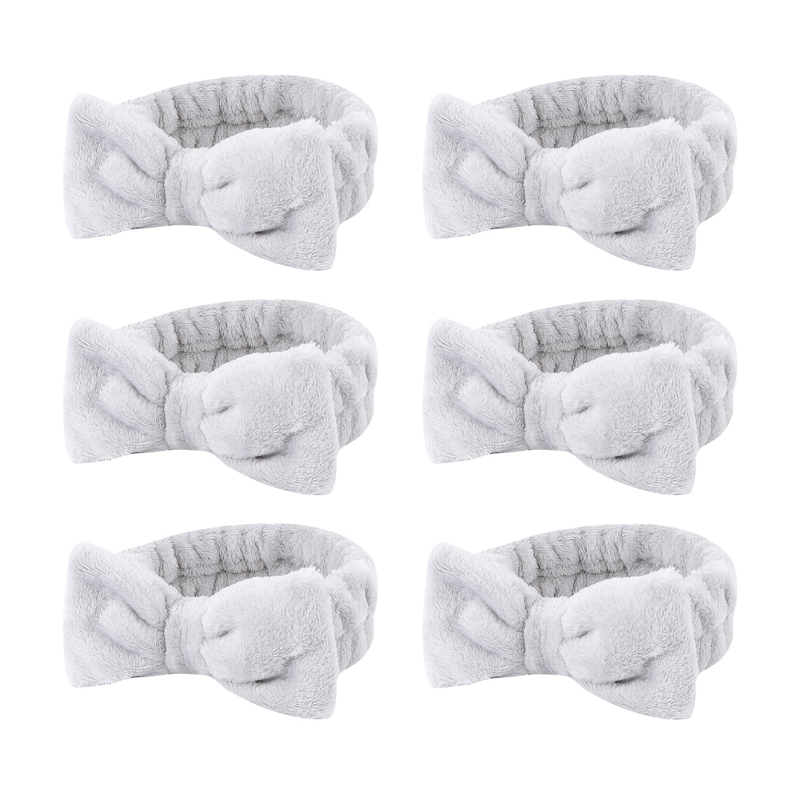 Casoty 6 Pcs Grey Spa Headband, Bow Hair Band, Soft Coral Fleece Makeup Headband, Hair Band For Washing Face, Skincare Headbands