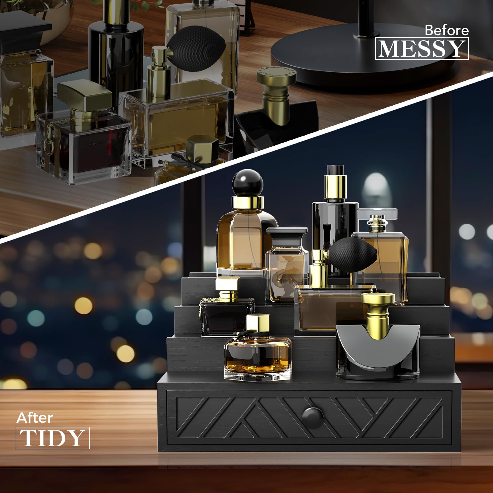 Y&ME YM Cologne Organizer for Men, 4-Tier Wood Perfume Holder with Felt Lining, Black, Model Y&ME YM